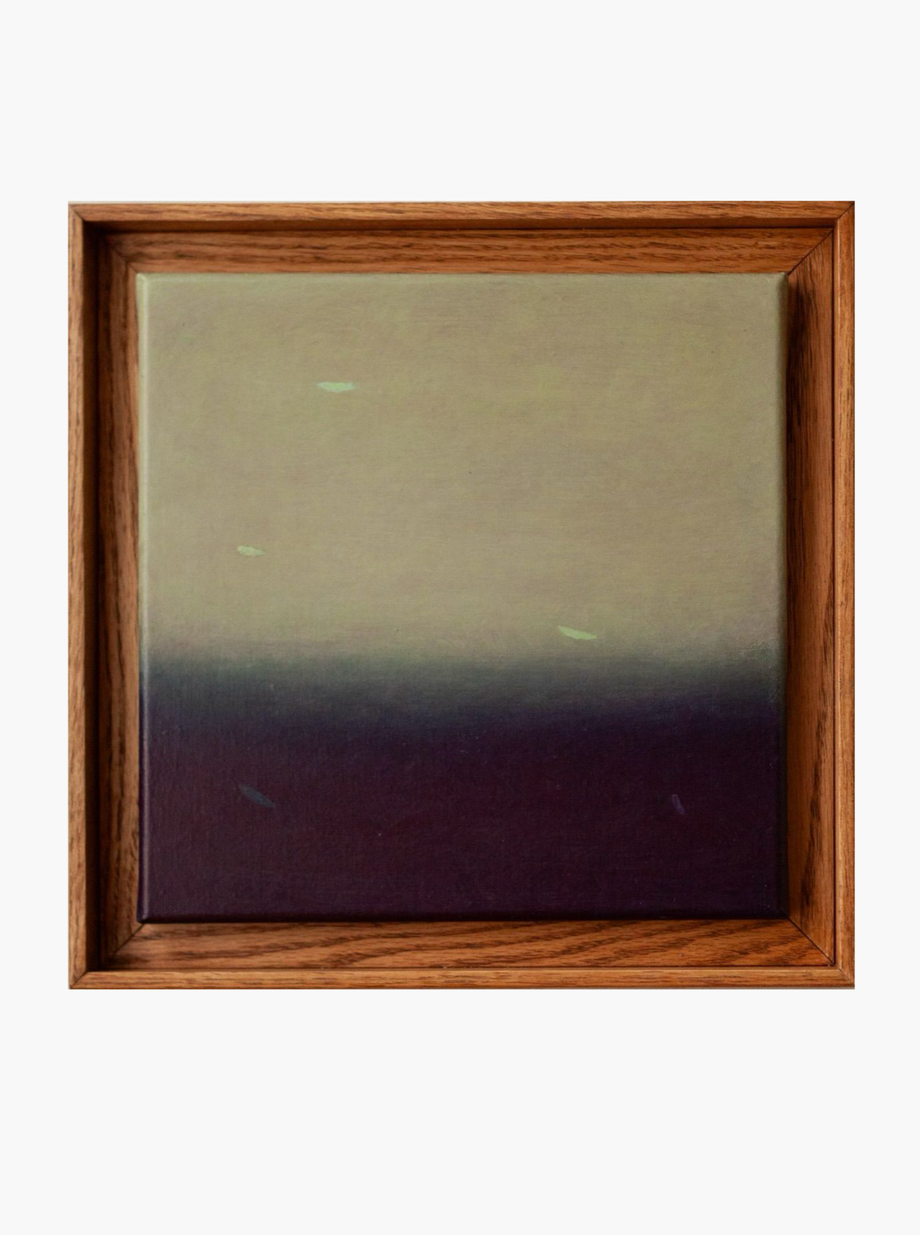 A framed Love Letters #3, 2024 abstract painting depicting a gradient from dark to light shades, possibly representing a landscape, with several small, faint spots scattered across the 36x36 cm canvas by Rebecca von Matérn.