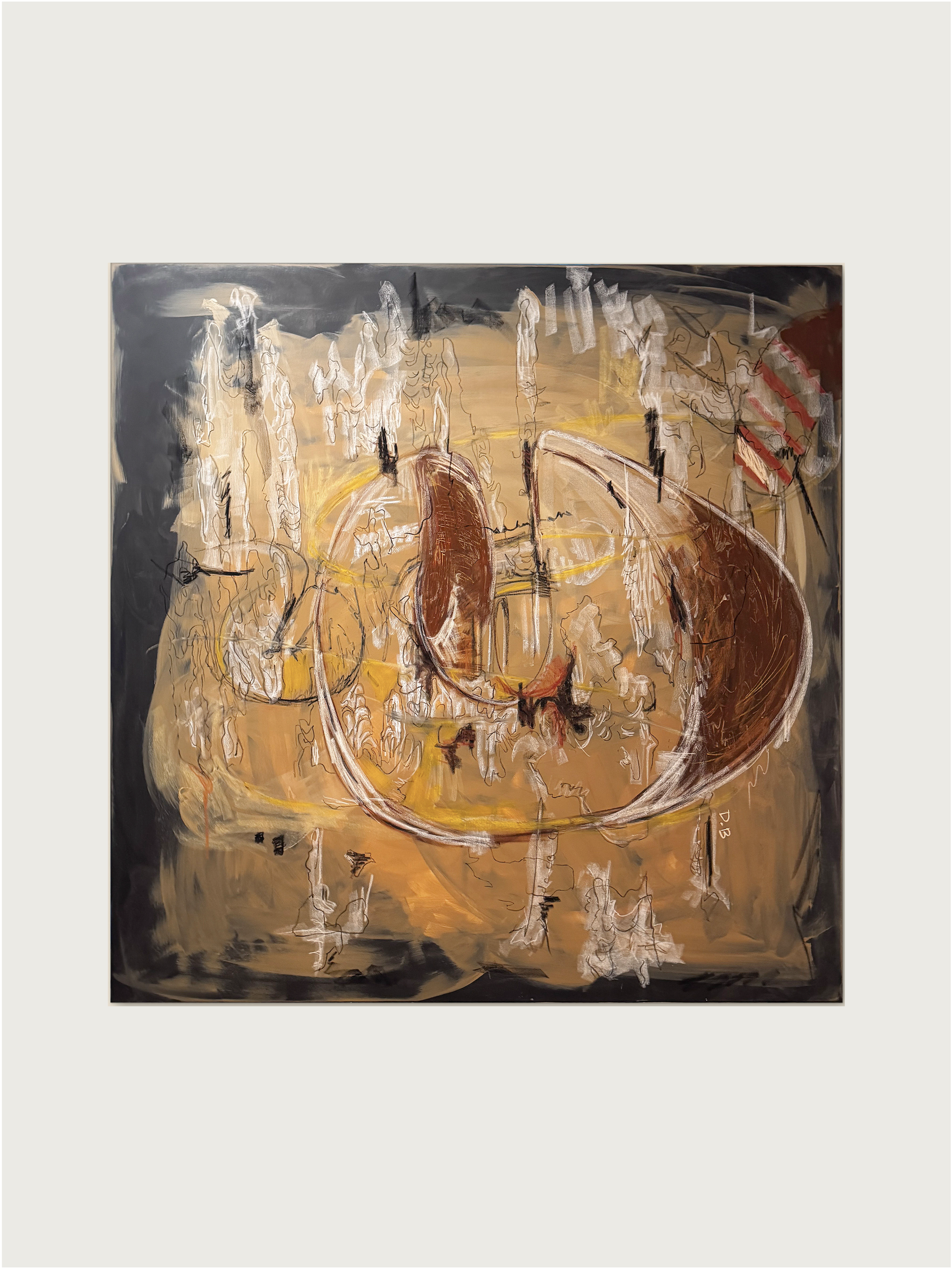 'Other Skin' Painting by Dovile Bernotaite features sweeping brown and white curves on a yellow and black background, with dynamic brushstrokes and layered forms that evoke a sense of identity expression.