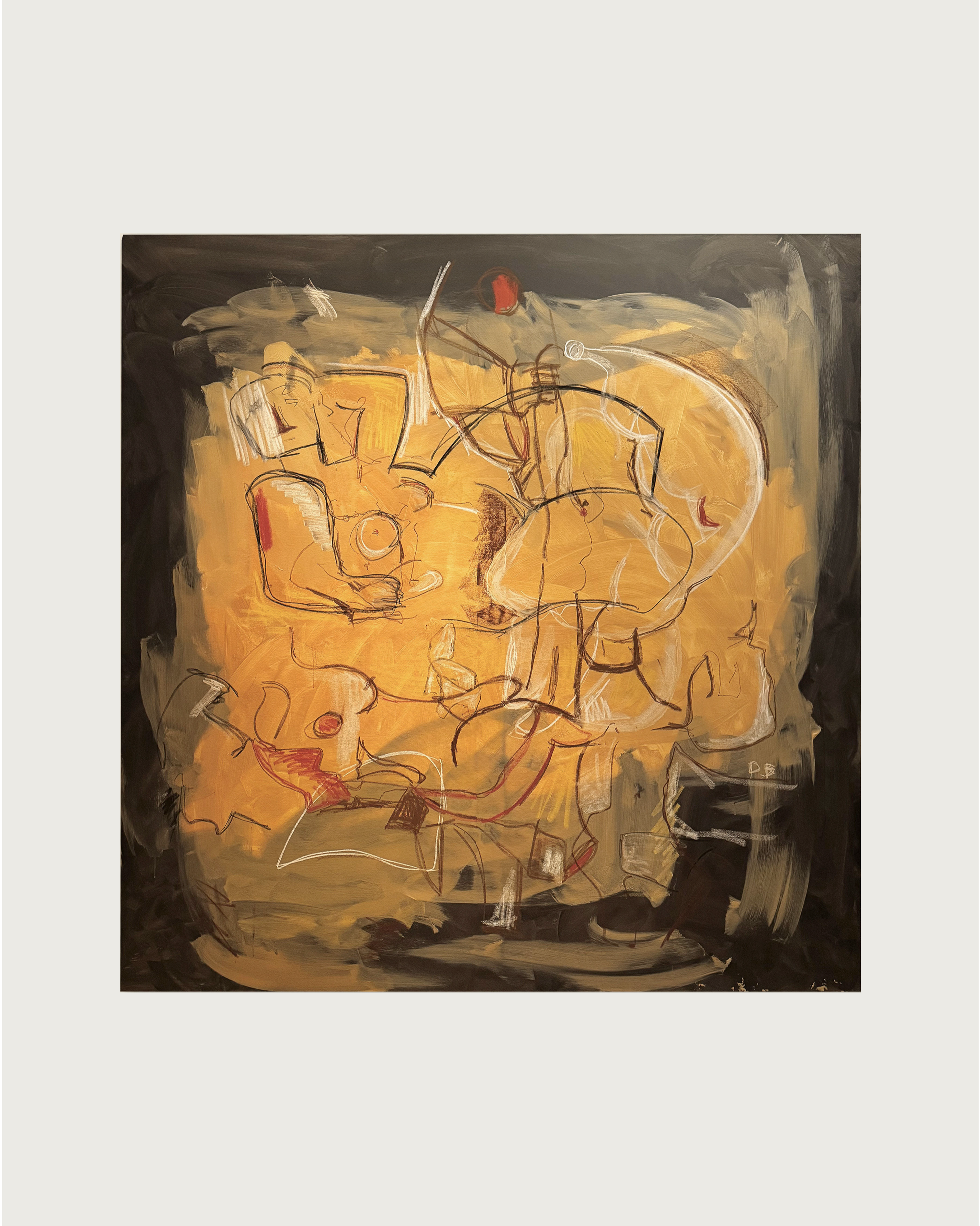 'There's Nothing' Painting by Dovile Bernotaite is an abstract mixed media canvas with a yellow and ochre background, swirling black, white, and red lines suggesting movement, layered translucent figures, and a white border.