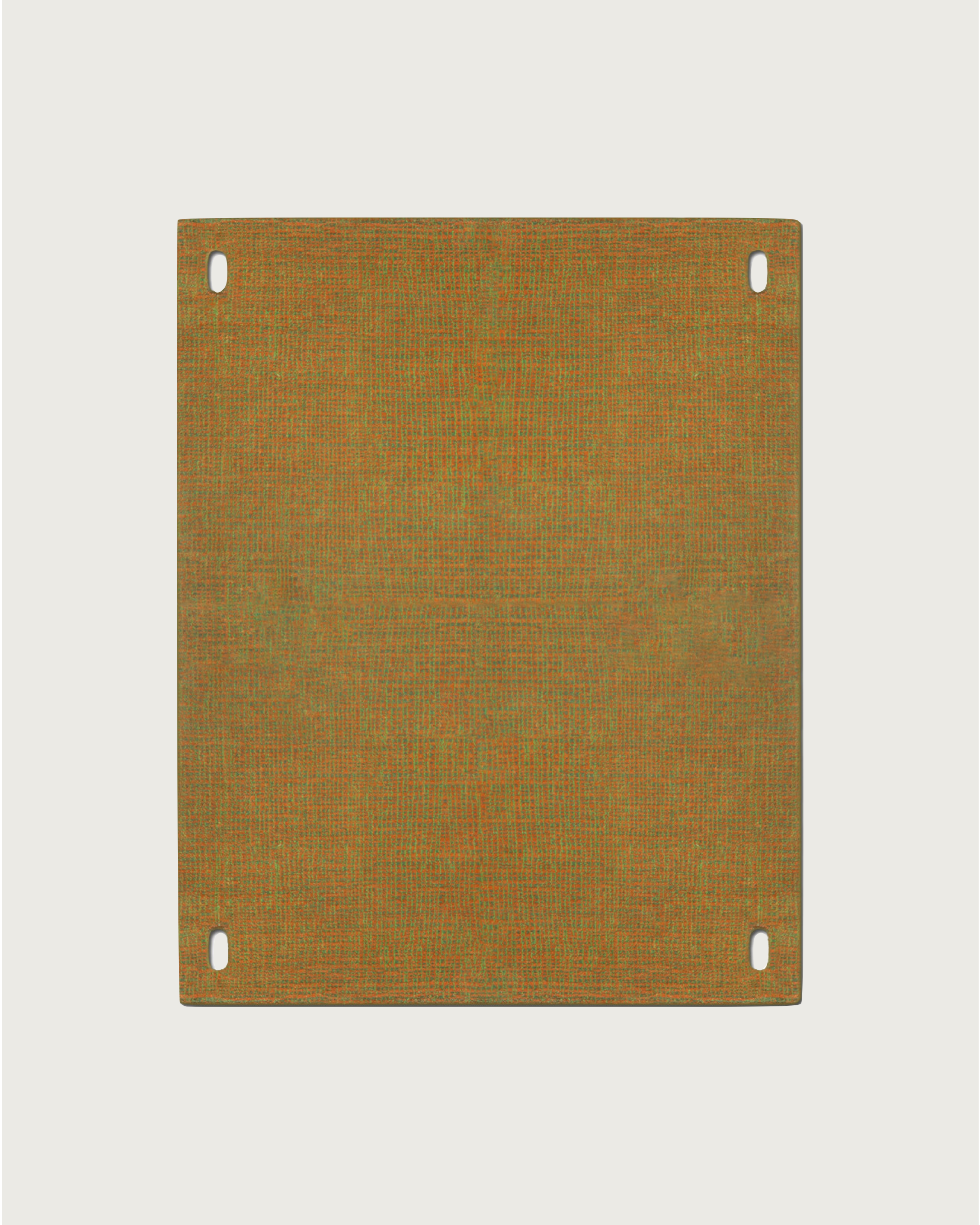 Hafner Büro’s Road Plate (Chopped and screwed orange) is a square, textured mat in golden-brown wool, featuring four rounded rectangular holes—one near each corner—and a subtle woven pattern on a plain background.