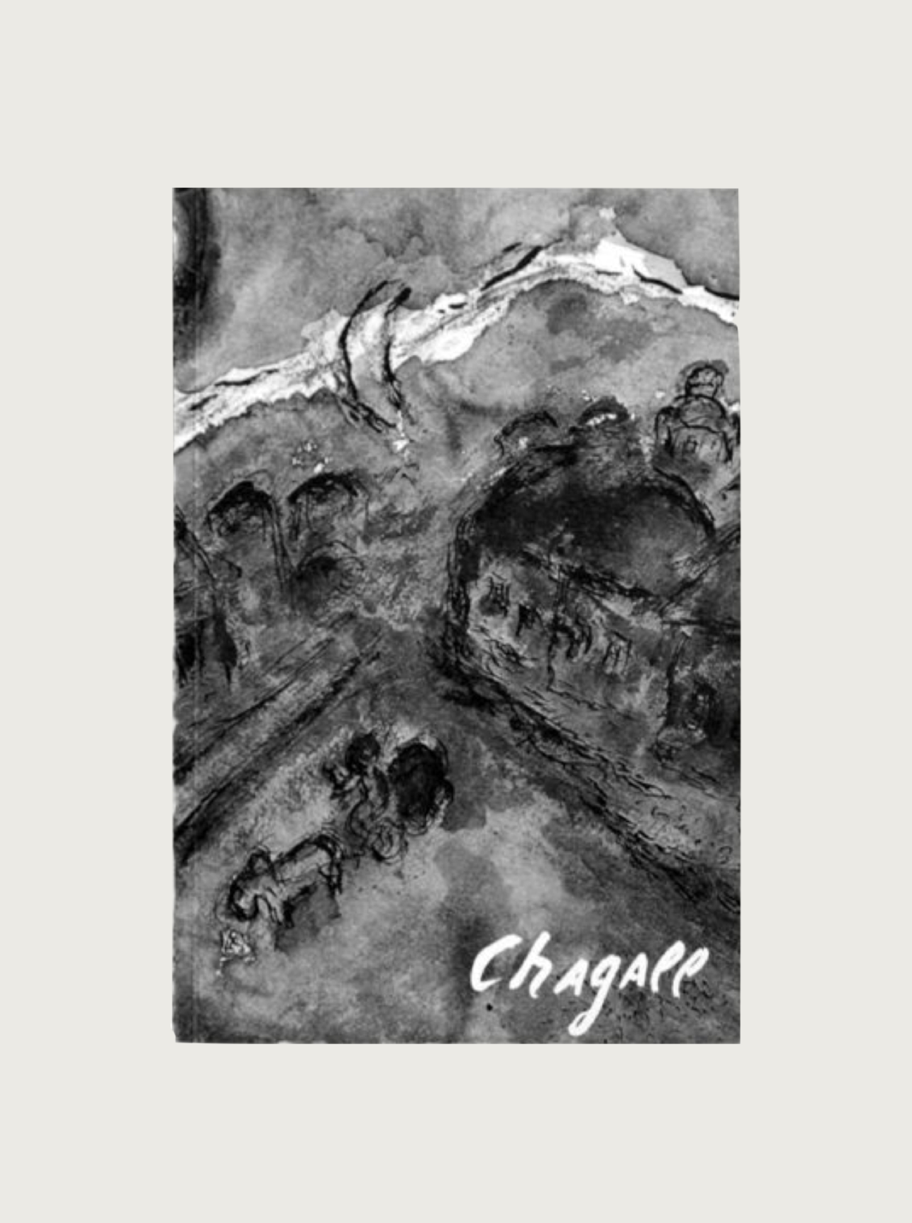 A vintage lithograph by Marc Chagall from the "Marc Chagall - Lithographs Vintage Book" by Maison Plage, depicting a grayscale village scene under a crescent moon. The foreground features figures of people and animals, with houses and a hilly landscape in the background. This dreamlike artwork includes Chagall's signature at the bottom right, characteristic of his unique style.