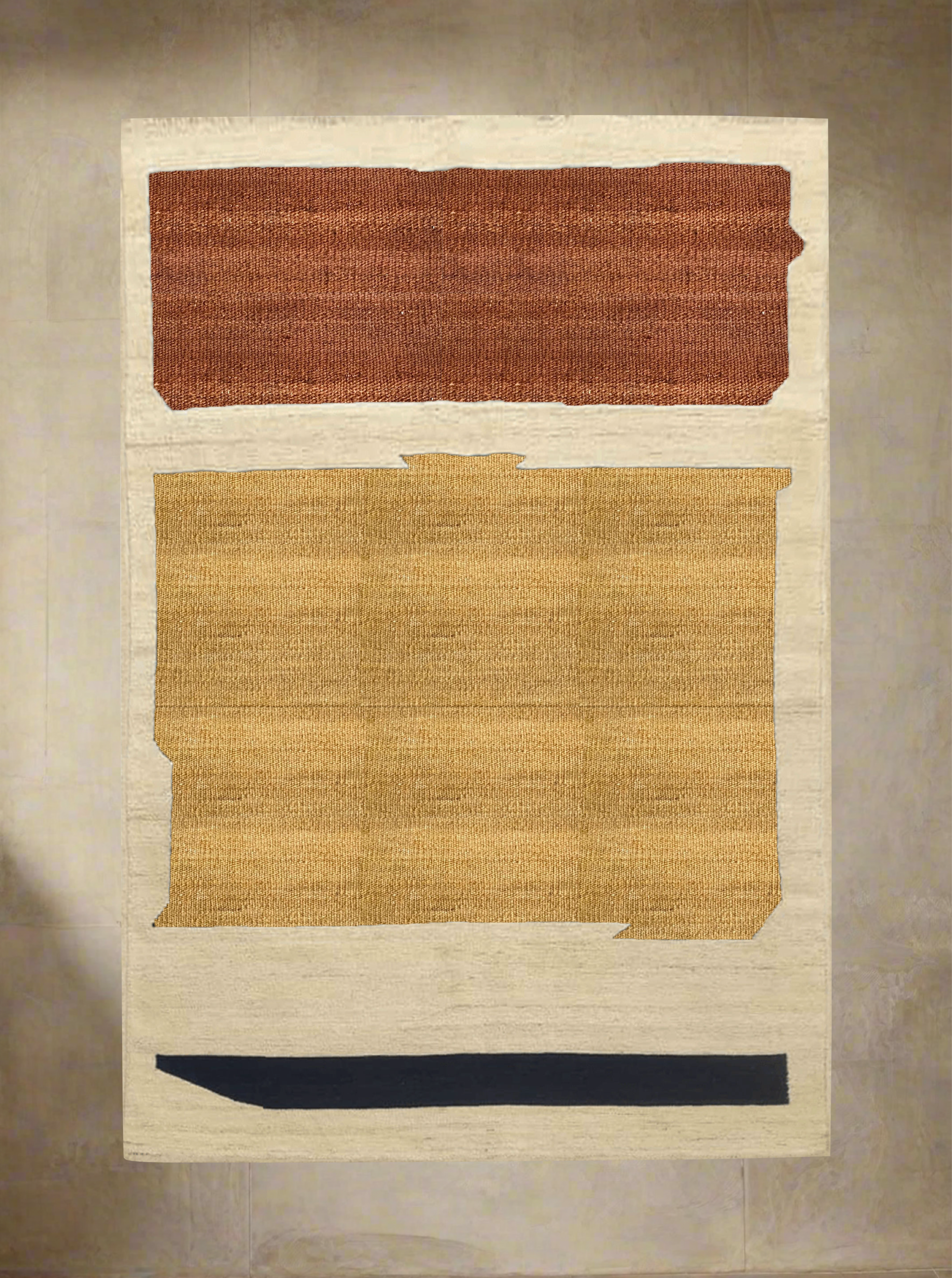 Handwoven ochre and walnut Shapes Kilim rug with intricate geometric patterns