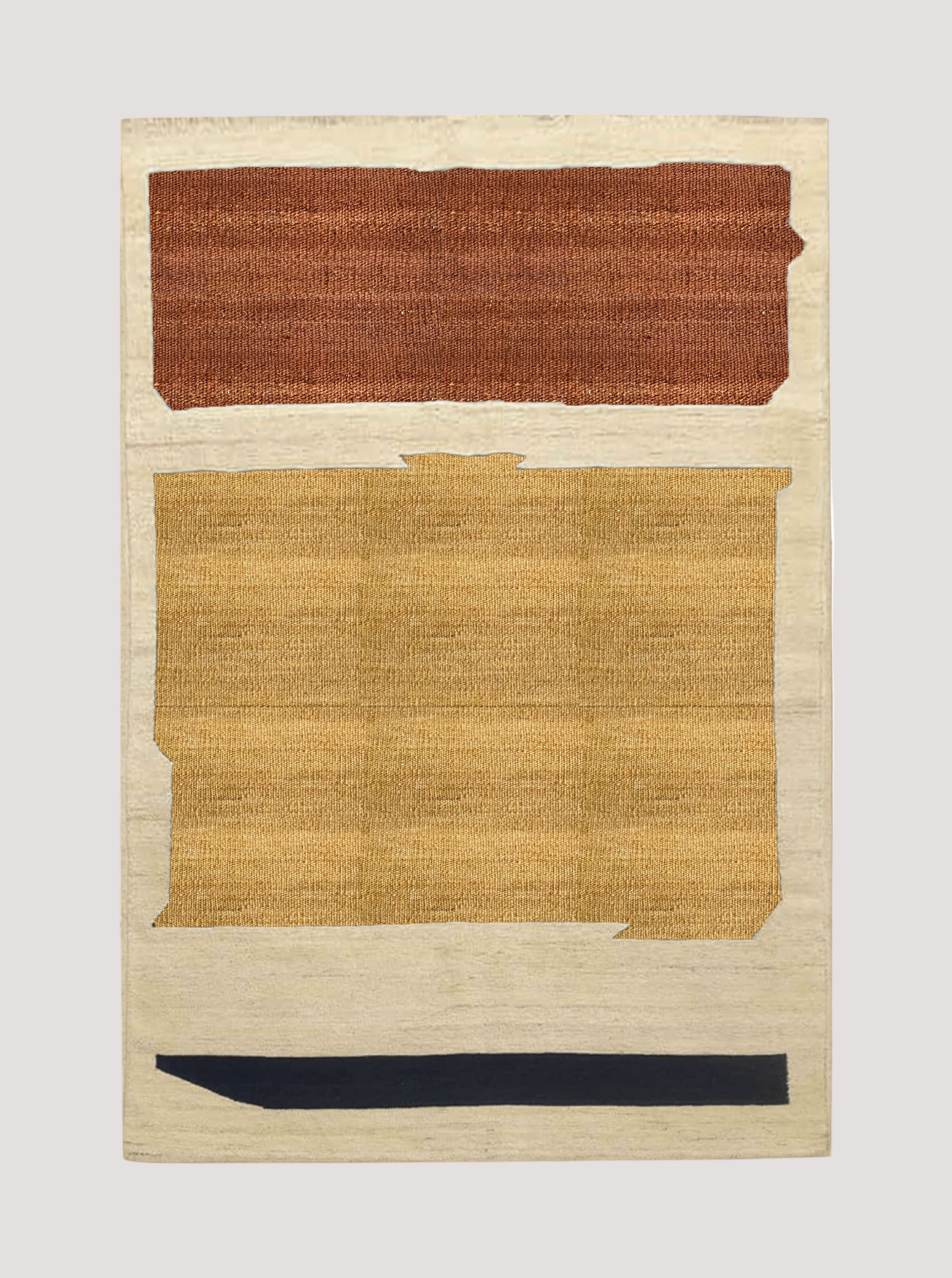 Handwoven ochre and walnut Shapes Kilim rug with intricate geometric patterns