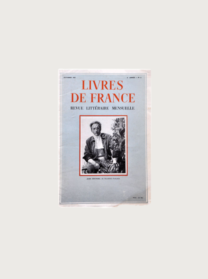 Cover of the vintage magazine "Livres de France: Revue Littéraire Mensuelle" by Maison Plage with a black-and-white photo of a person seated, edited in a red-bordered frame. Text above reads "Livres de France: Revue Littéraire Mensuelle." Issue details are in small font, with a plain light grey background.