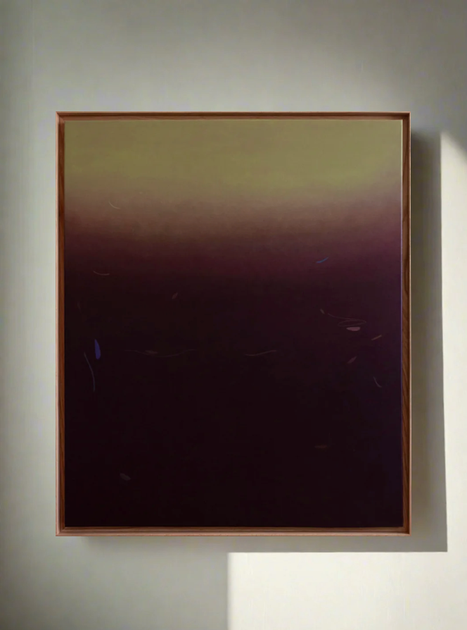 The framed abstract painting, titled "Something(s) in the air, 2024" by Rebecca von Matérn, hangs on the wall in a hard waxed oak shadow frame. It features a gradient transitioning from a soft greenish hue at the top to deep purple at the bottom, with subtle and indistinct shapes and lines dispersed throughout its acrylics on canvas composition.