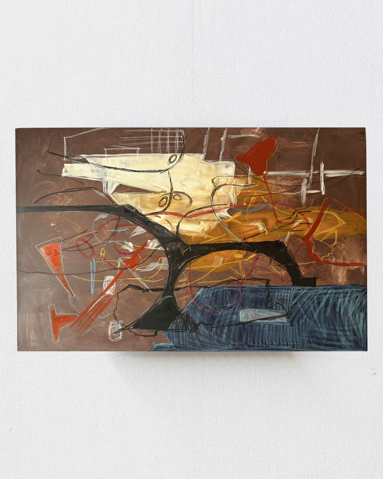 Abstract painting featuring a mix of geometric shapes and organic forms in various colors, including red, yellow, orange, blue, and black. The composition includes overlapping lines, curves, and textured elements rendered in Daring - Acrylic, oil pastel, charcoal on canvas by Dovile Bernotaite set against a predominantly brown background. Mounted on a white wall.