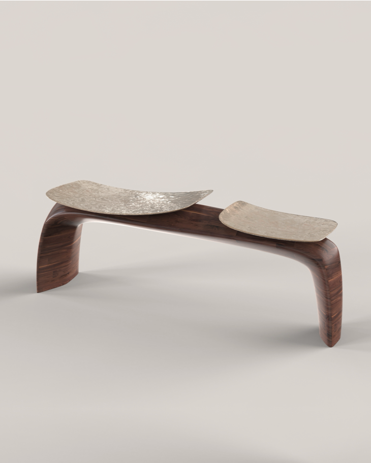 BAYOU V2 bench in Carved Solid Wood with Cast Bronze Seat