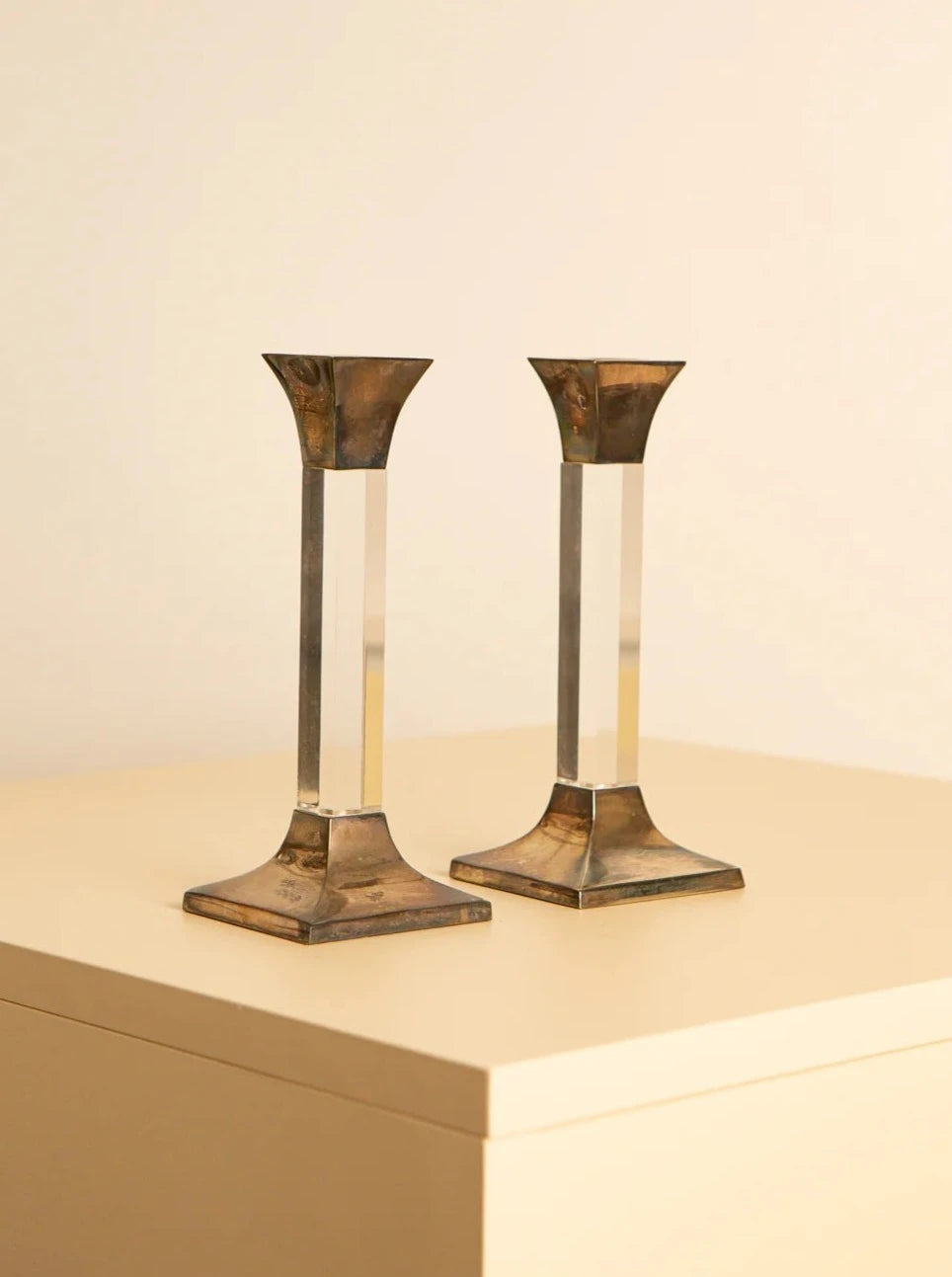 Pair of vintage 1970's silver and clear lucite candleholders