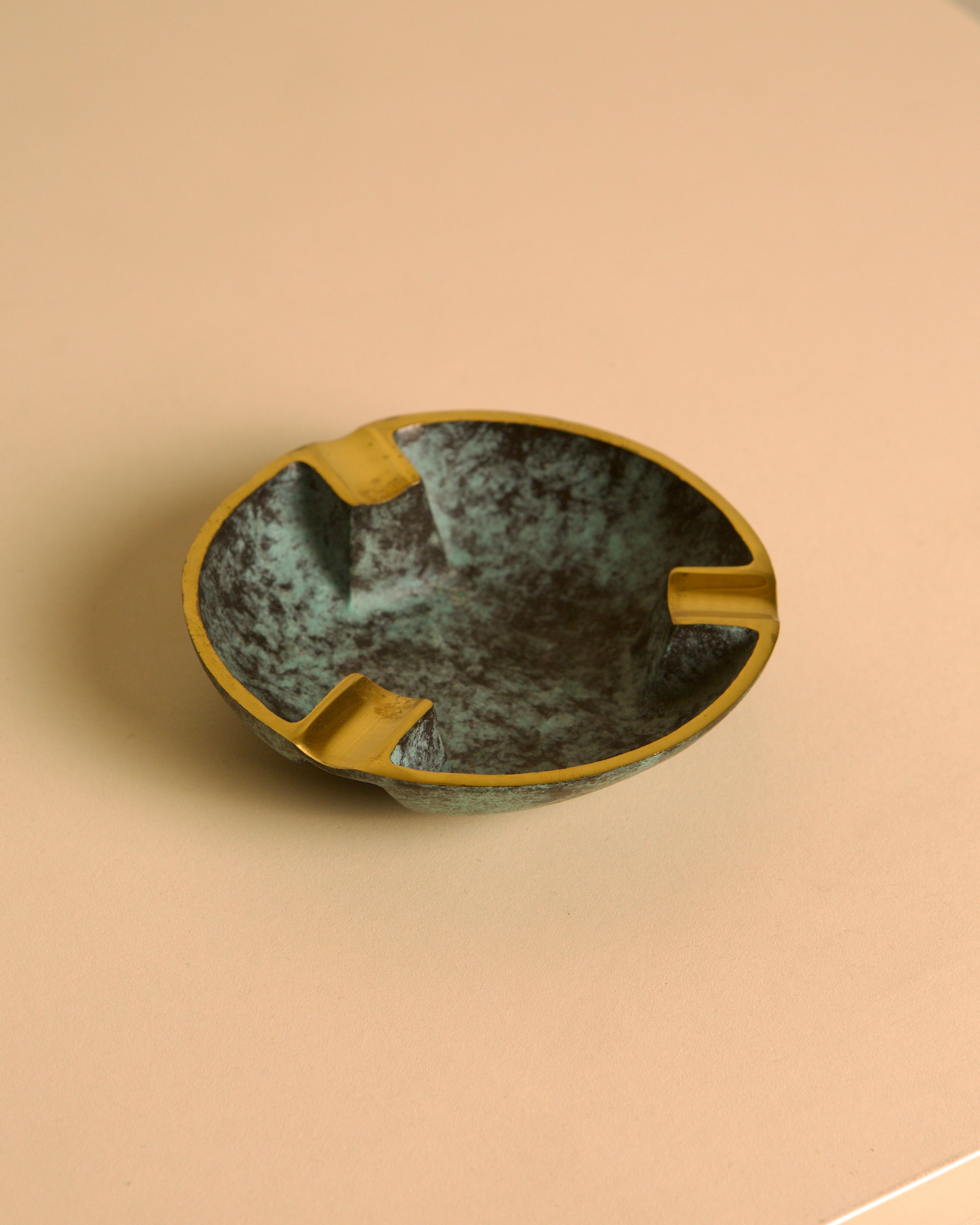 Italian verdigris patinated bronze ashtray, 1940s — side angle