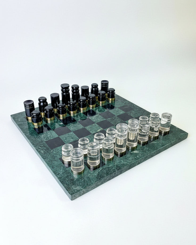 Acrylic & Gilt Brass Chess Set with Marble Board, Italy, 1970s — detail view