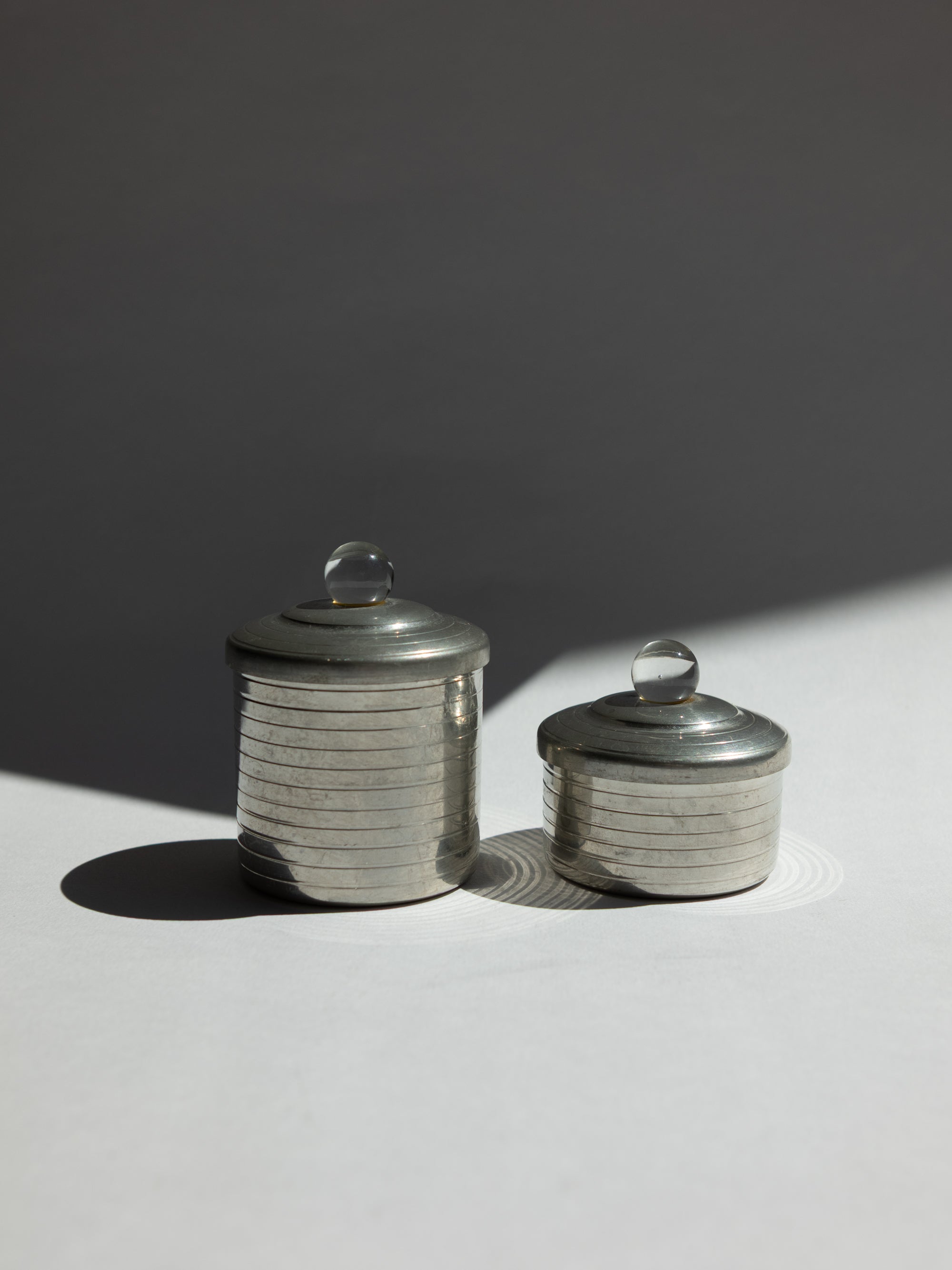 Pair of French Art Deco Pewter Vanity Pots with Glass Orb Finials, c. 1930s by Trove Paris | The Oblist