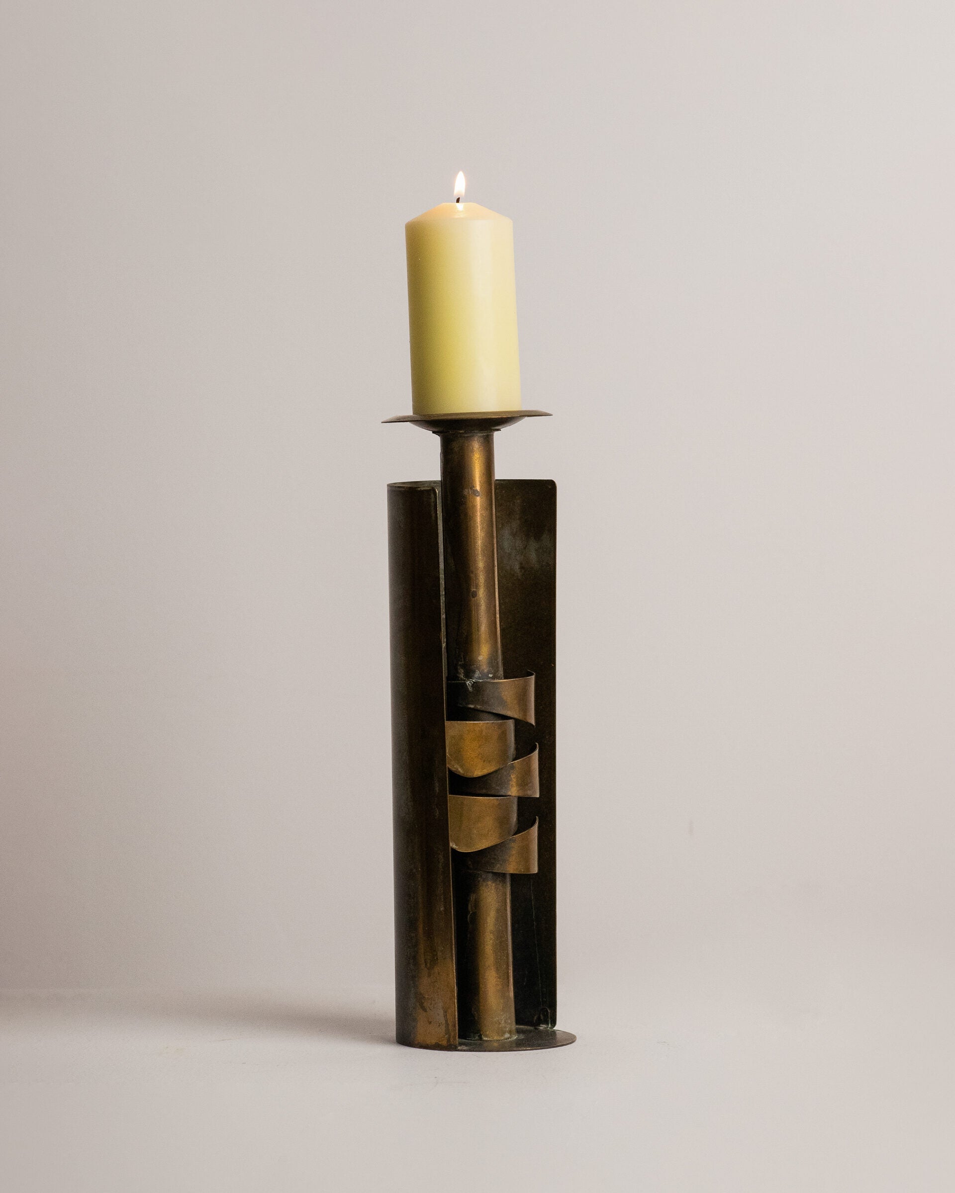 Czesław Palczewski Spiral Brass Candle Holder, Hand Cut Polish Brutalist Metalwork, 1970s — in context