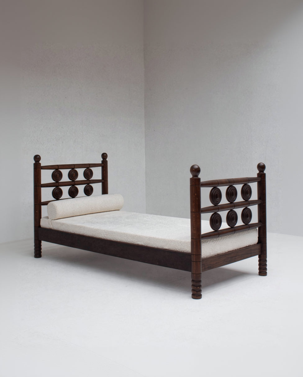 Mid-Century Wooden Bed with Sculptural Headboard — detail view