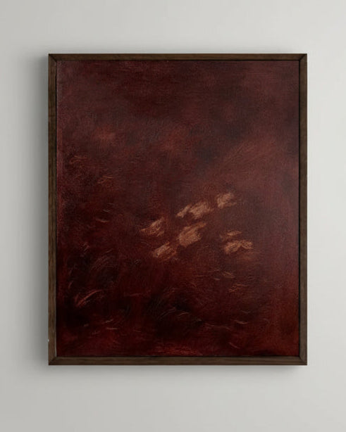 ‘Jane Eyre II’ by Yeliza Gevorgyan is an abstract oil painting on linen, with deep reddish-brown and lighter brushstrokes, framed and displayed on a light gray wall.