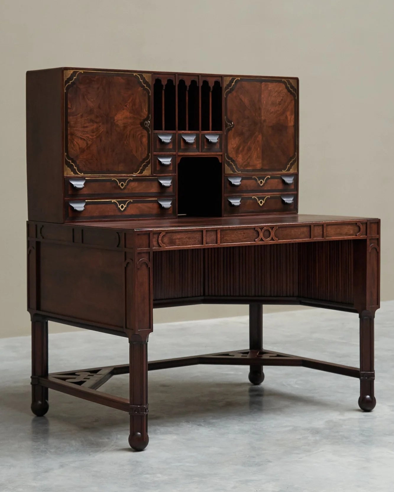 Exceptional Secretary Desk in Mahogany, Walnut, Ebony and Brass, Early 20th Century by ORNAMENTUM | The Oblist