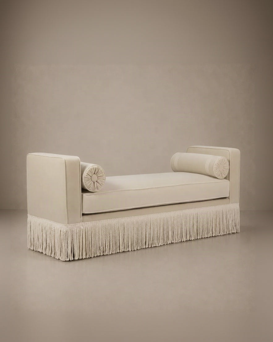 Julian Seat Bench - Velvet Pale Beige & Ivory Fringe by RIJD Interior | The Oblist