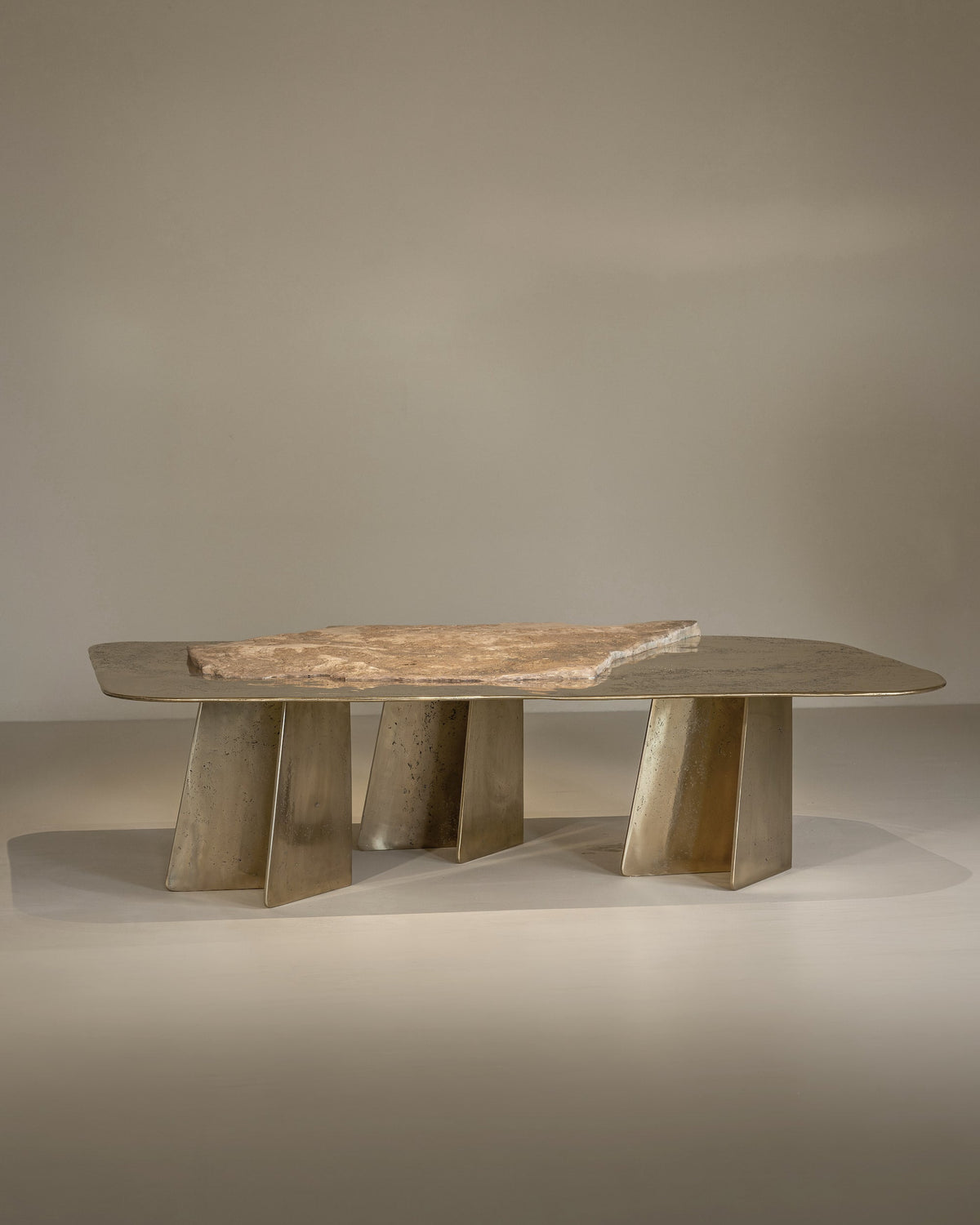ACROPOLIS Sculptural Coffee Table - Brass and Travertine and Resin Coffee Table by Alex Turco | The Oblist