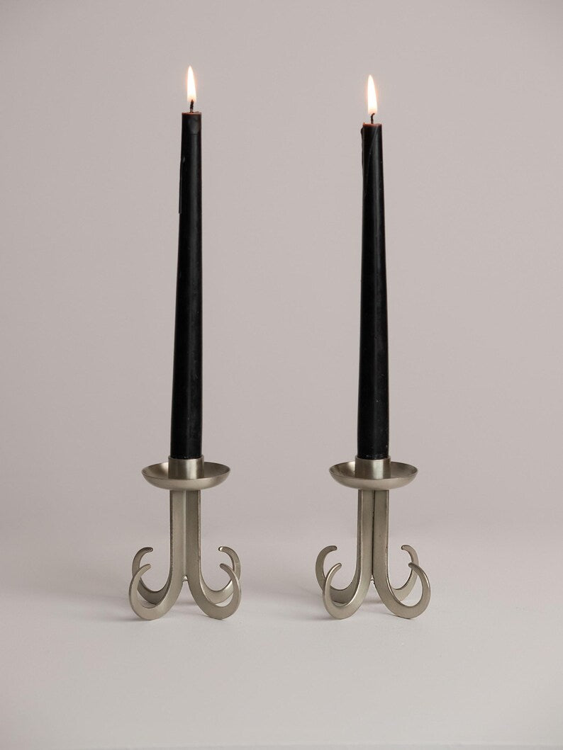 Architectural Steel Totem Candlesticks 1970s – Brutalist Sculptural Set of 2 by Studio Ecubed | The Oblist