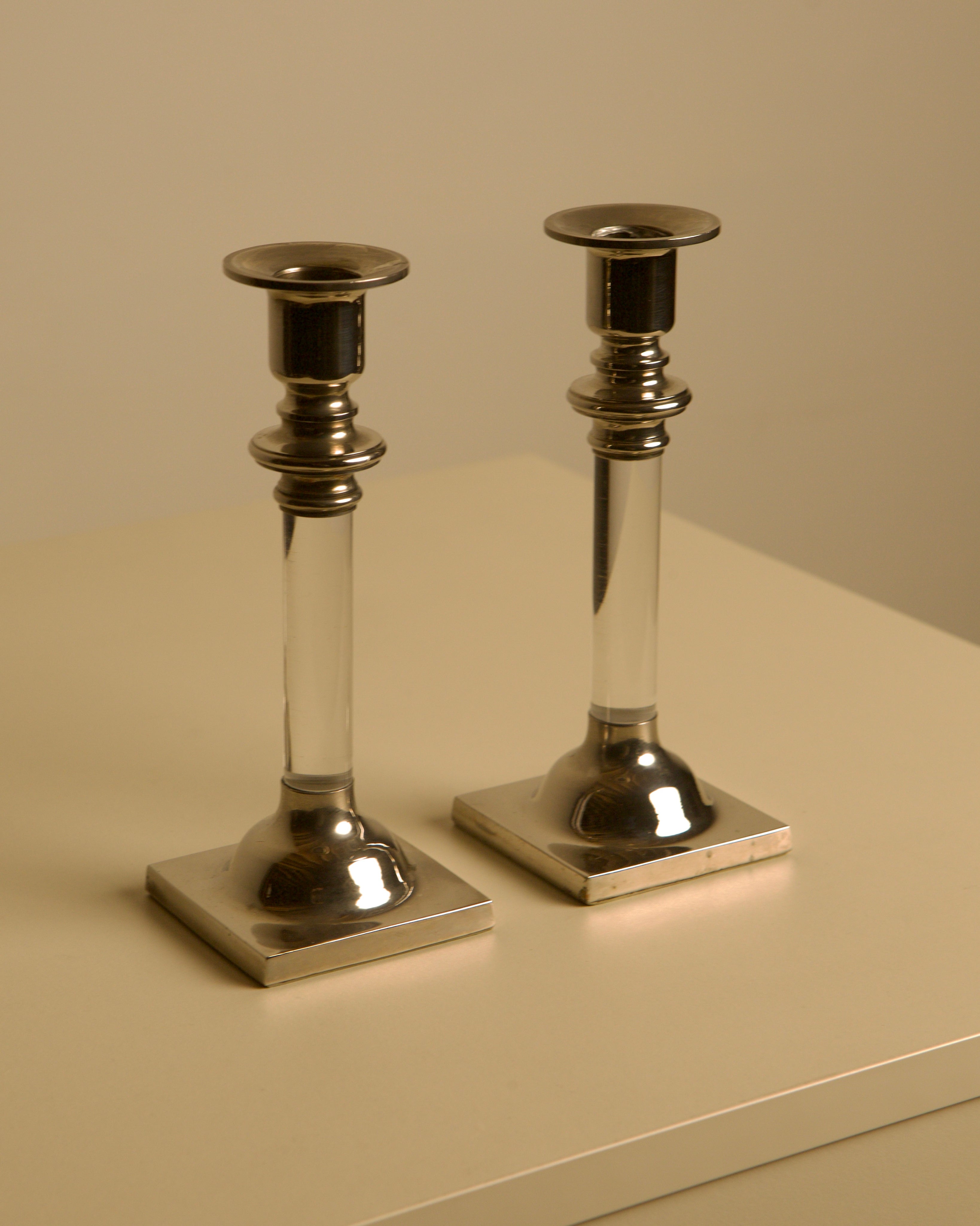 Pair of Italian Candleholders in Lucite and Silver-plated Metal, 1980s by Treaptyque | The Oblist — vintage silver and clear