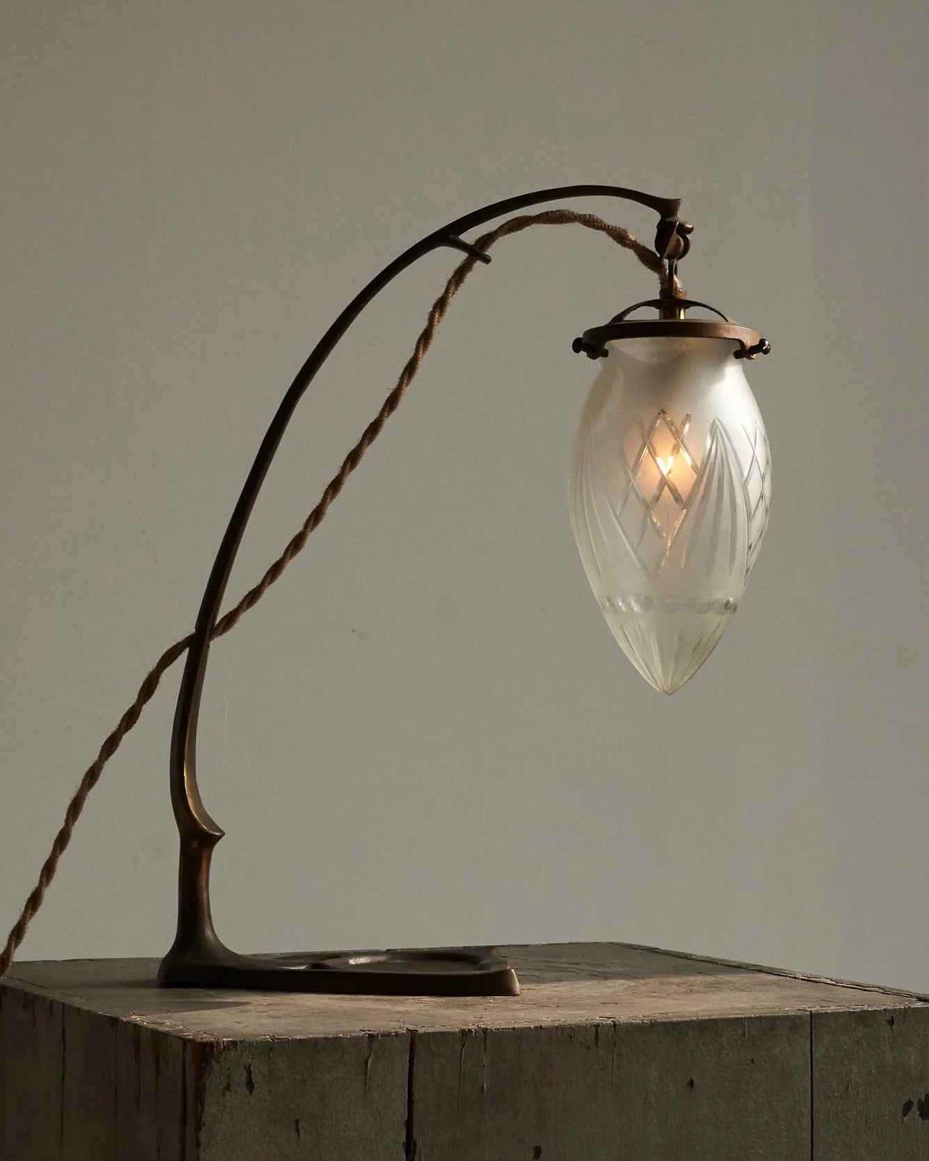Art Nouveau Table Lamp in Sand Cast Brass and Etched Glass 1920s by ORNAMENTUM | The Oblist