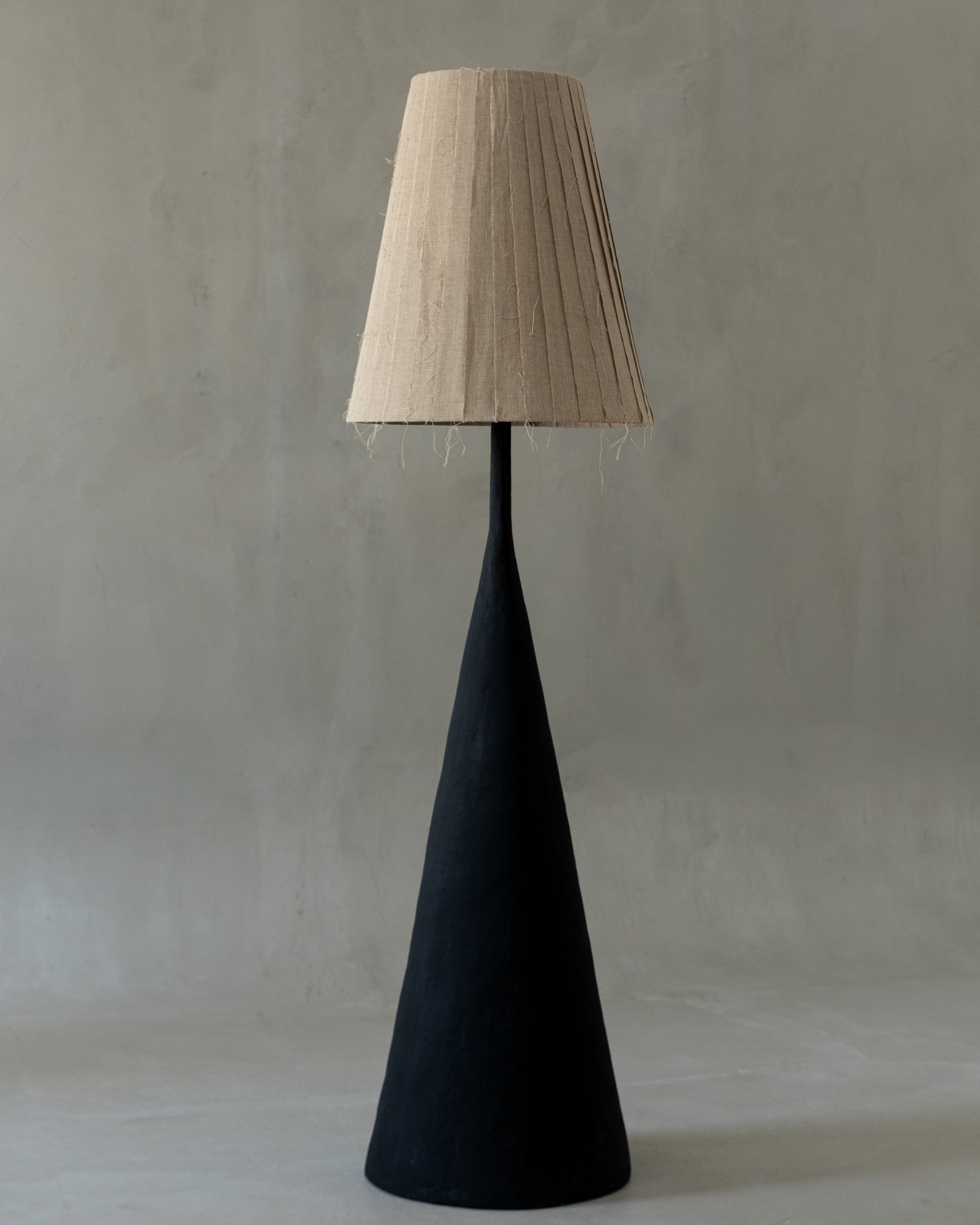 VERETENO Floor Lamp by PletoStudio | The Oblist — black ceramic base, beige fabric shade