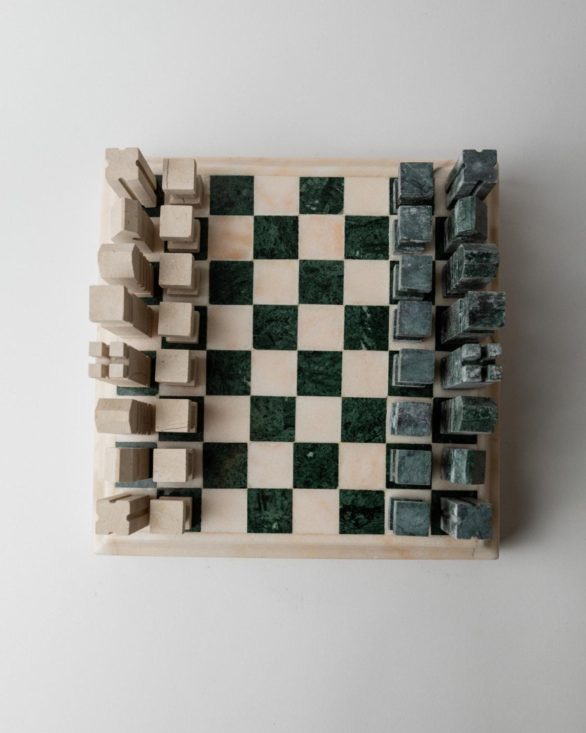 Vintage 1970s Marble Chess Set, Green and Beige Stone Chess Board, Heavy Design, Geometric Chess Pieces, Sculptural Table Game, Gift Idea — side angle