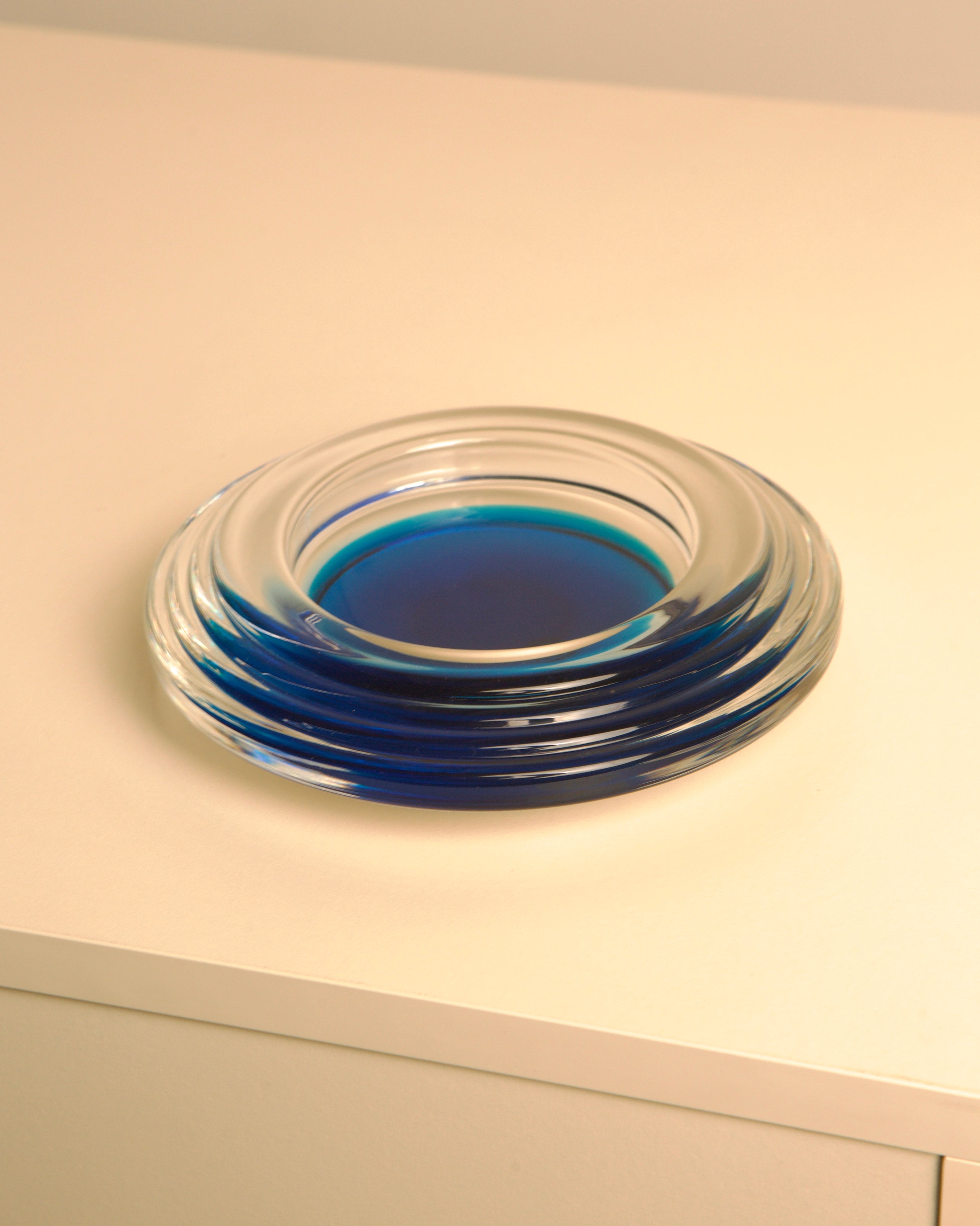 Blue Murano glass tray with curved ridged design by Salviati 1960s