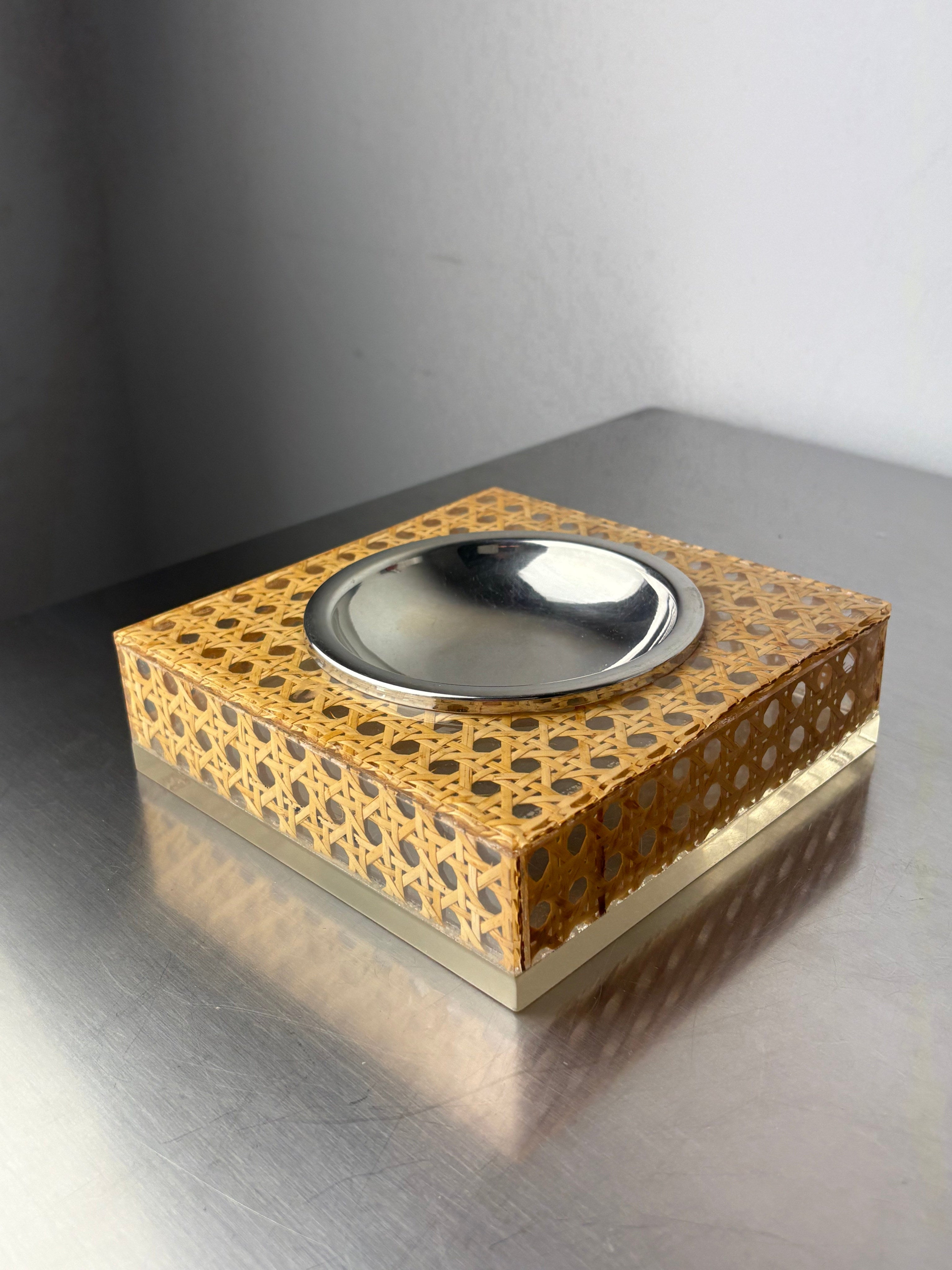 Christian Dior Style Lucite & Rattan Ashtray, 1970s by Malamar Studio | The Oblist — vintage rattan and metal