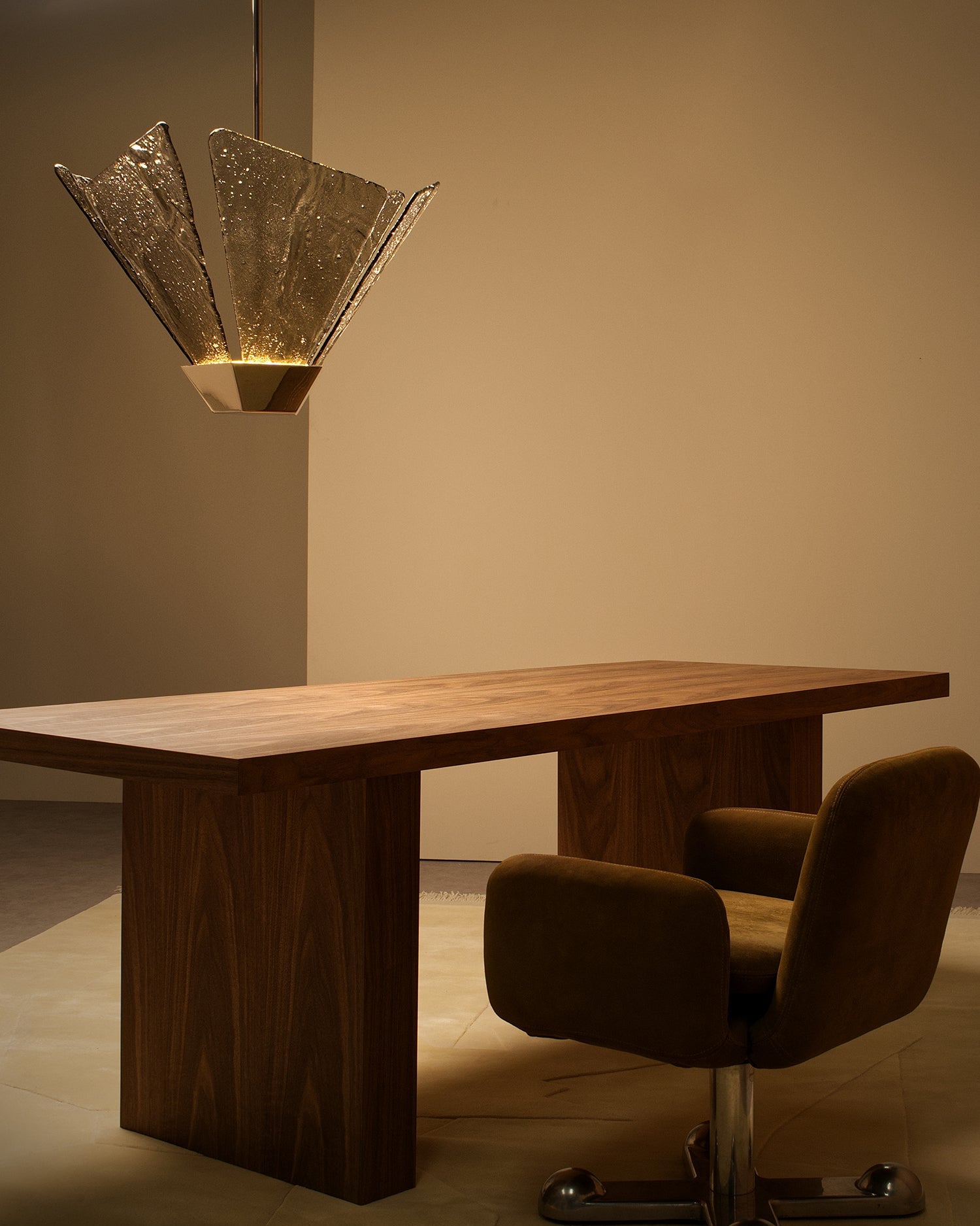 CTO Lighting Shard pendant light with textured glass shades over walnut dining table