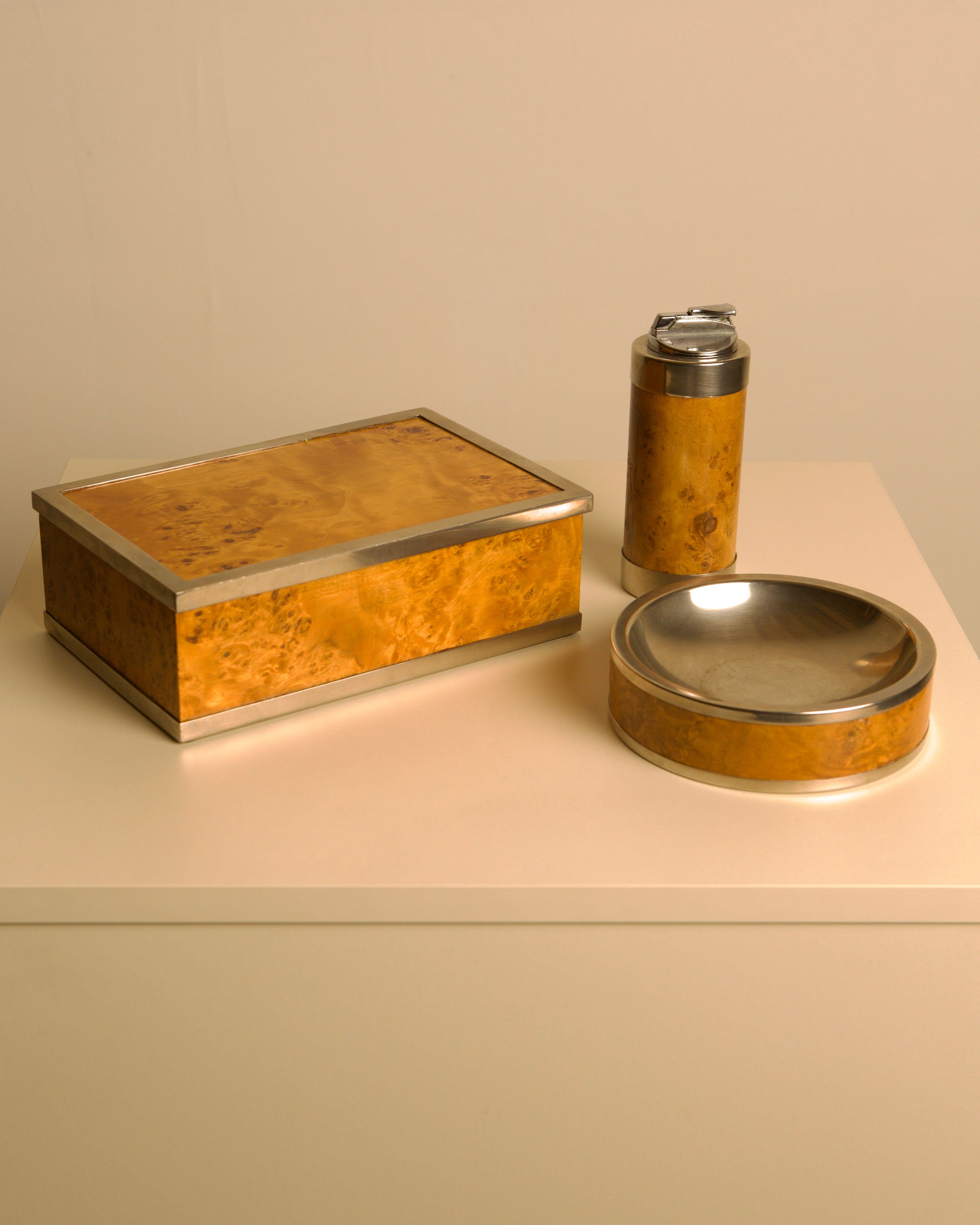 Italian 1970s poplar burl wood and metal smoking desk set by Treaptyque | The Oblist — vintage burl wood, metal accents