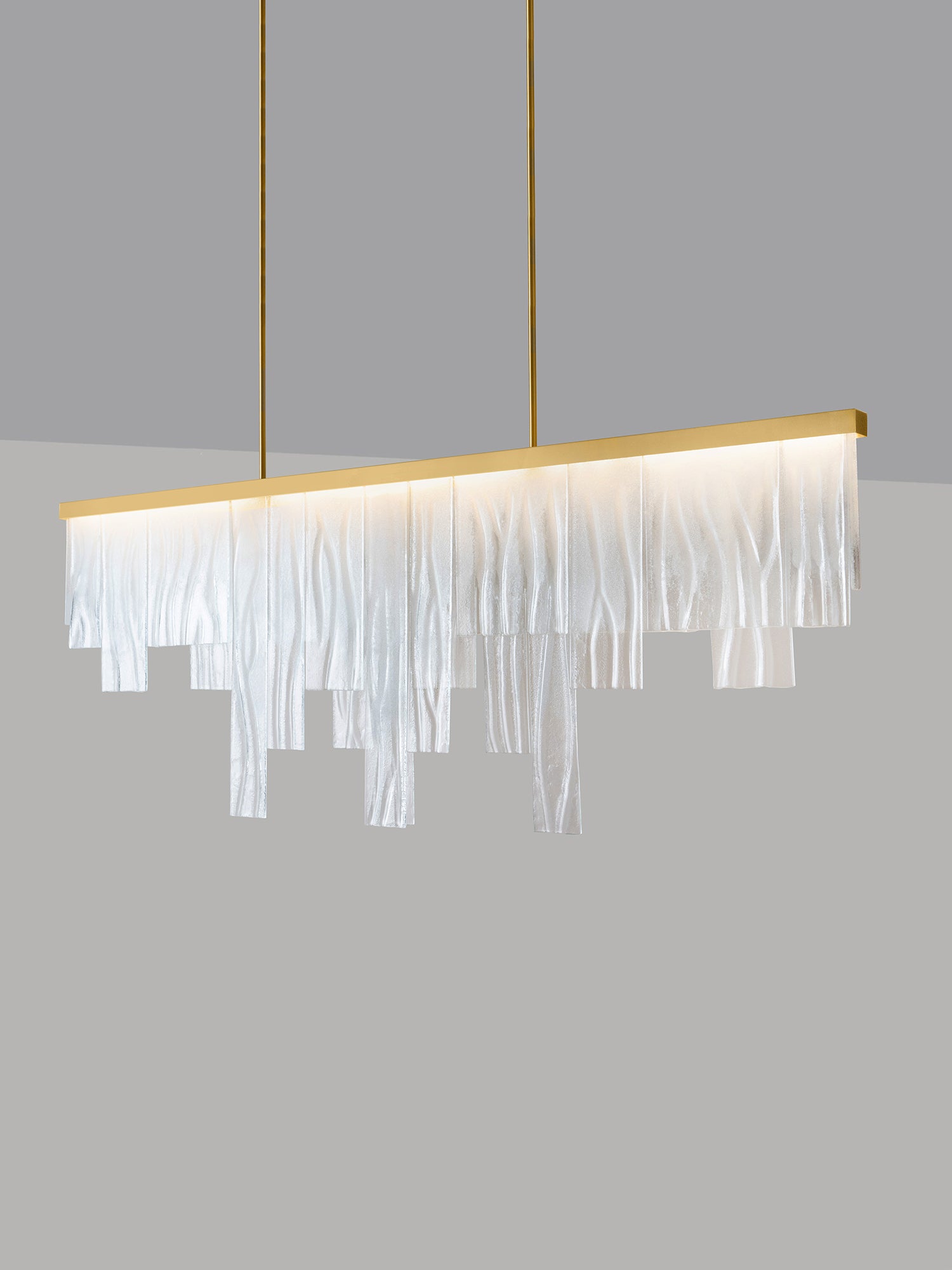 CASCATA Long With ceiling Rose — side angle showing textured glass and brass