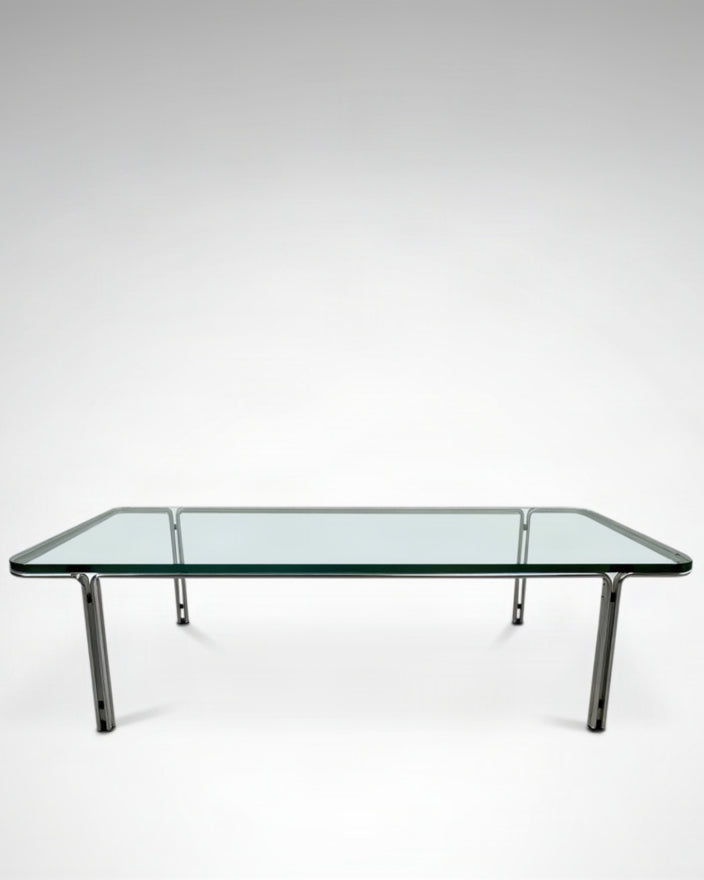 T112 Steel and Glass Coffee Table by Horst Brüning for Kill International, 1970s — lifestyle setting