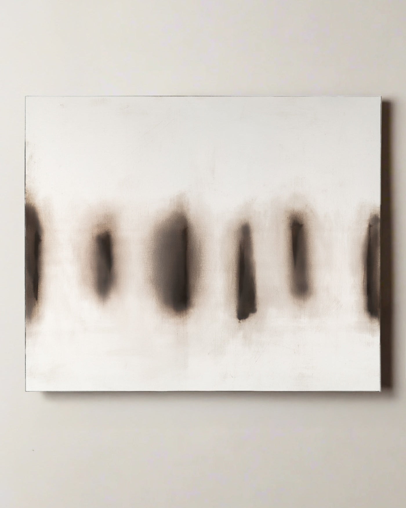 'ST445', a 2025 oil painting by Bec Kirby, features vertical blurred dark smudges on a white canvas in an abstract, minimalist style and includes a Certificate of Authenticity.