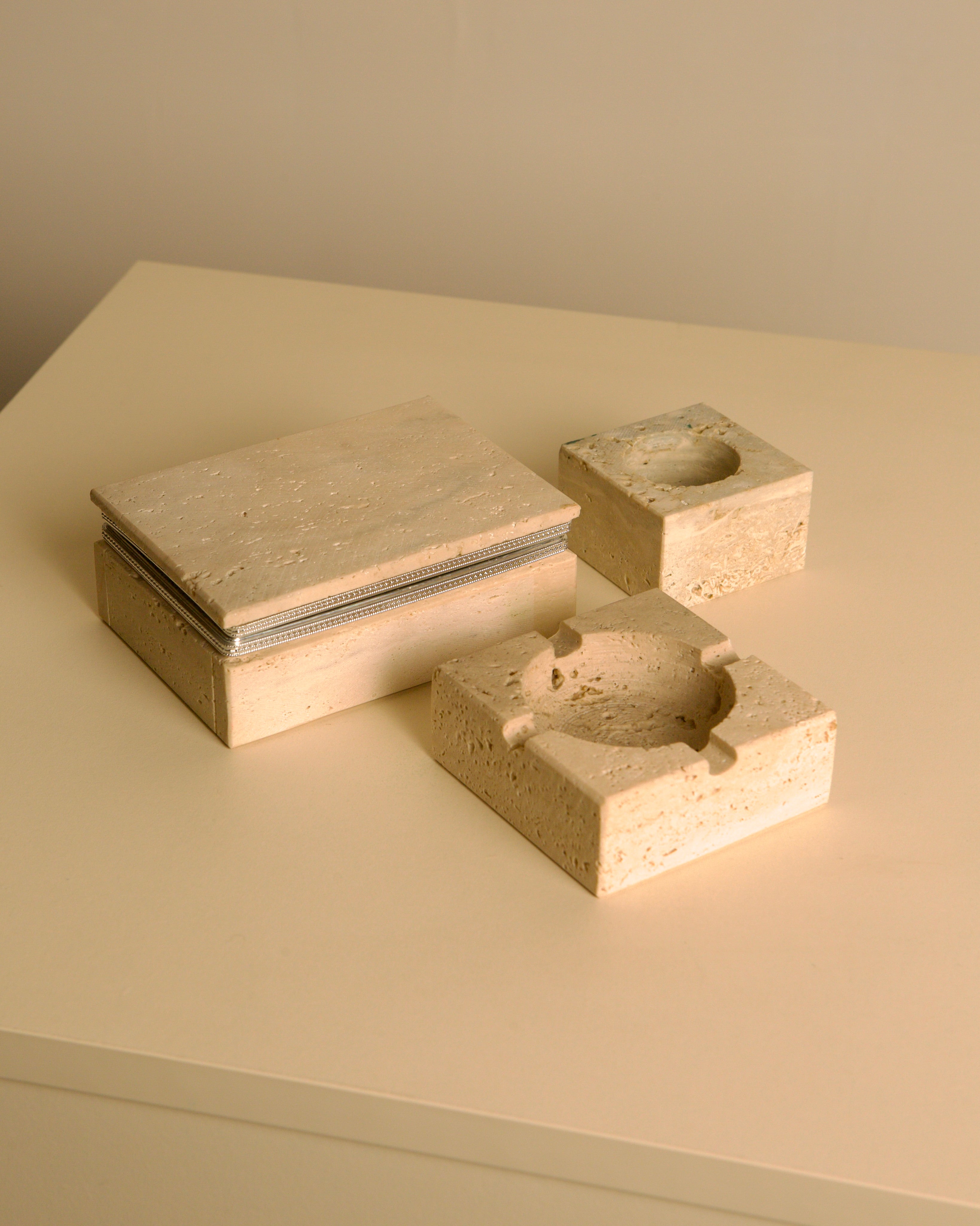 60's Italian Travertine Smoker's Desk Set by Treaptyque | The Oblist — beige travertine material
