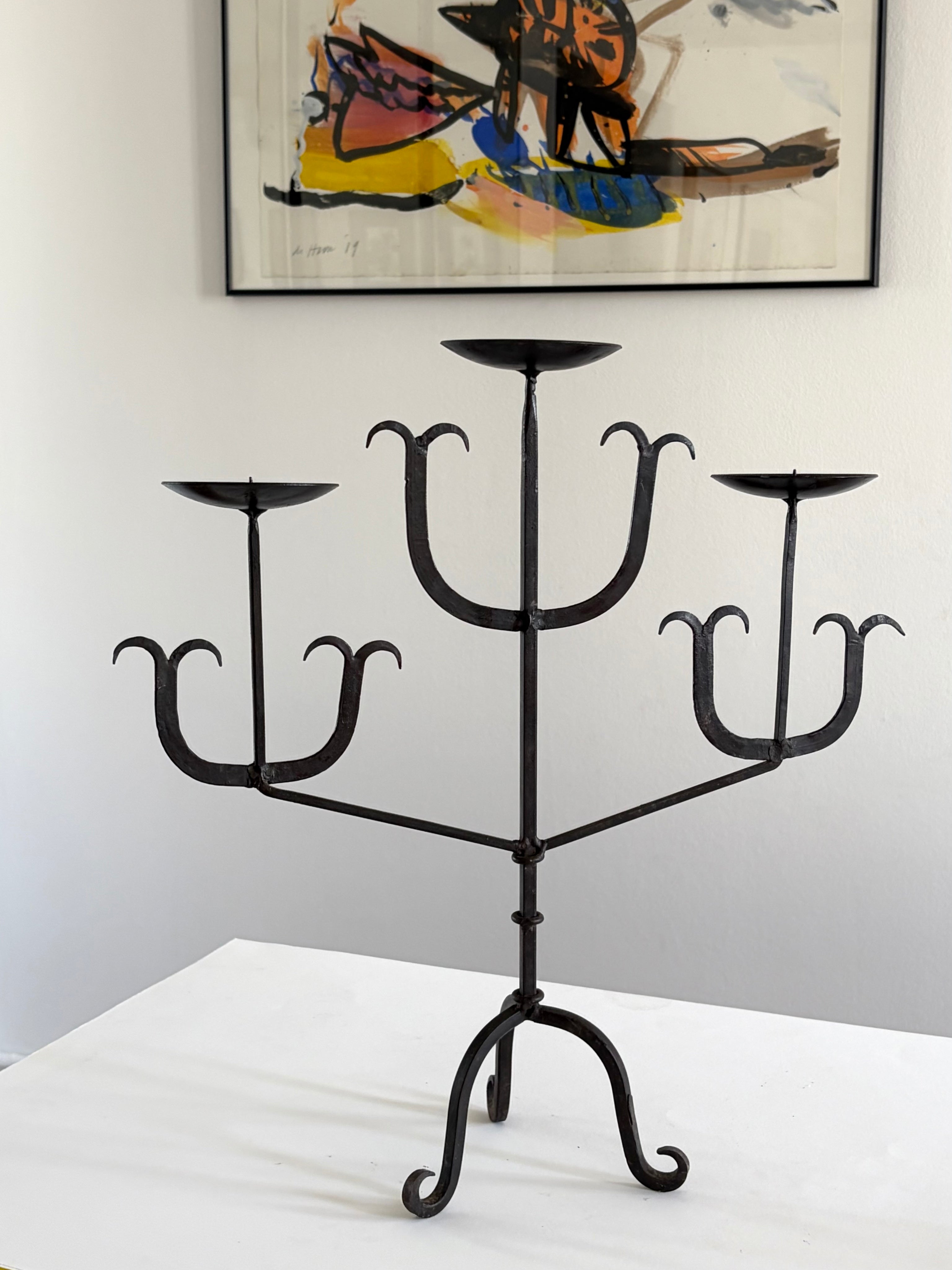 French Forged Iron Three-Arm Candelabra, 1960s — lifestyle setting