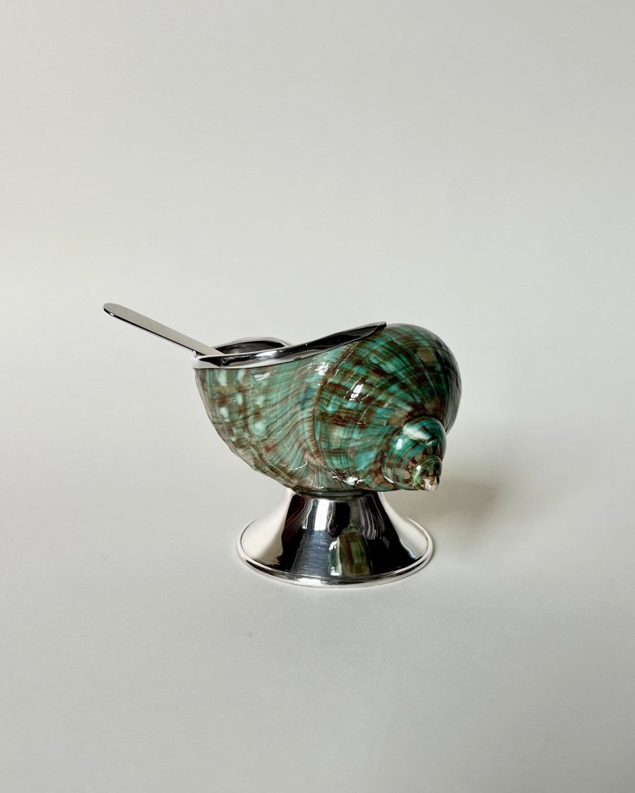 The Tavares 1922 Jade Shell Sugar Bowl features a green and brown shell on a shiny silver stand, with a small silver spoon inside, set against a plain light background.