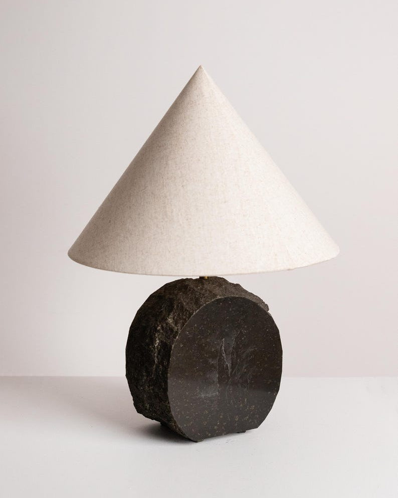 Vintage Brutalist Basalt Stone Table Lamp – 1970s Sculptural Granite Disc Light by Studio Ecubed | The Oblist