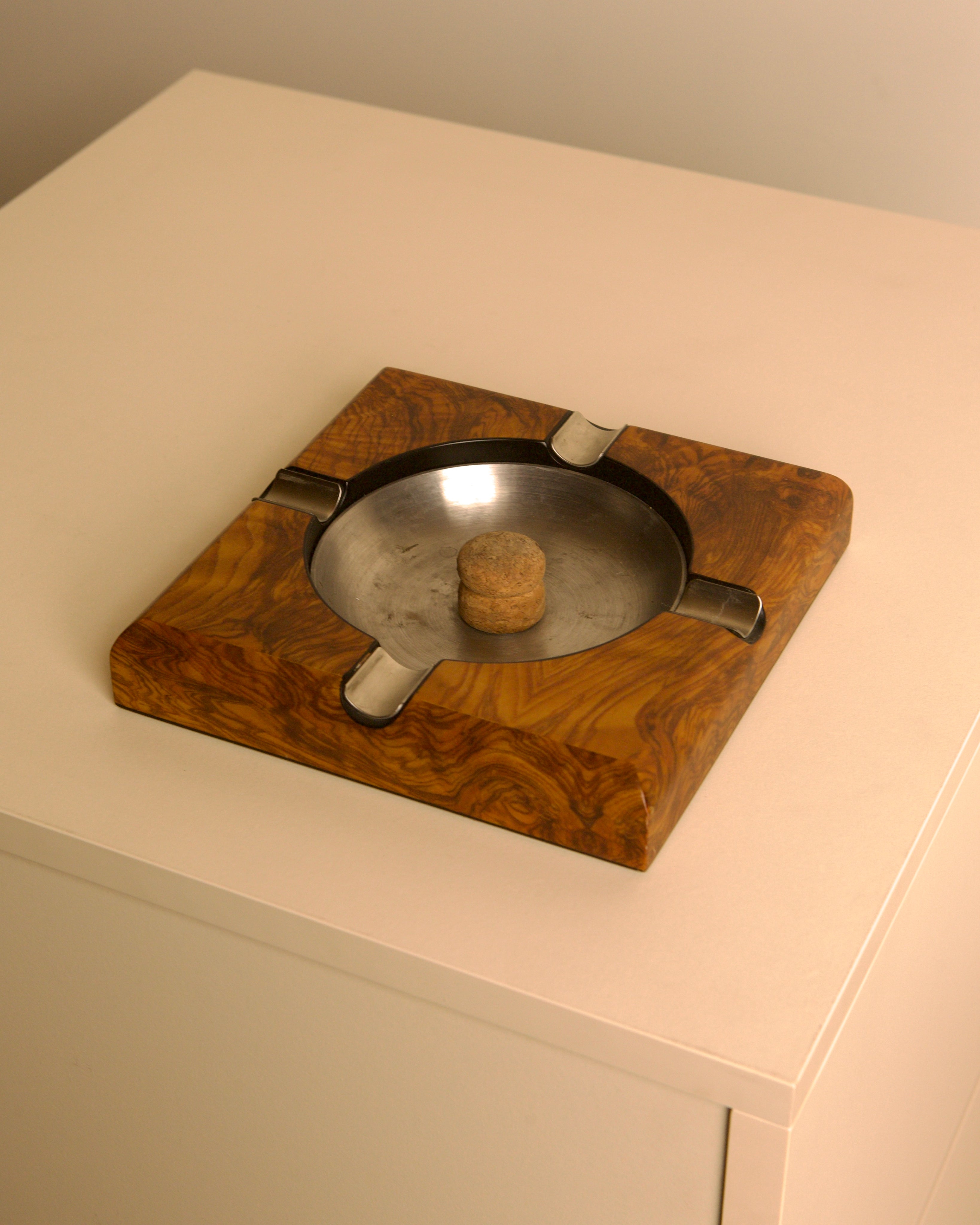 Burl walnut and metal ashtray, Italy, 1980s by Treaptyque | The Oblist