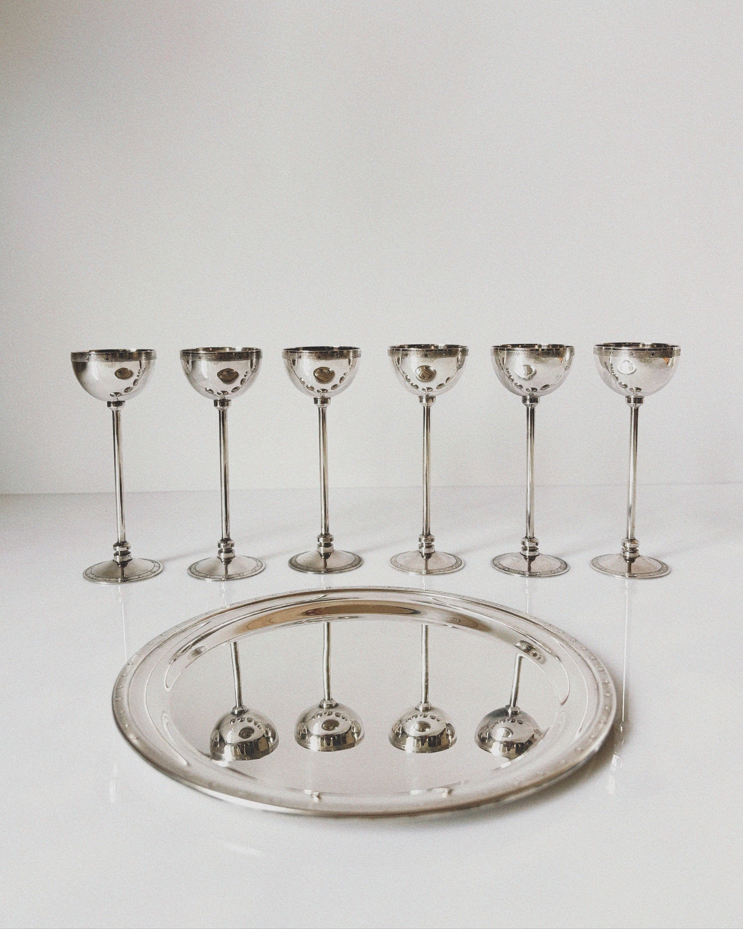 Silver plated liquor glasses set with matching serving tray