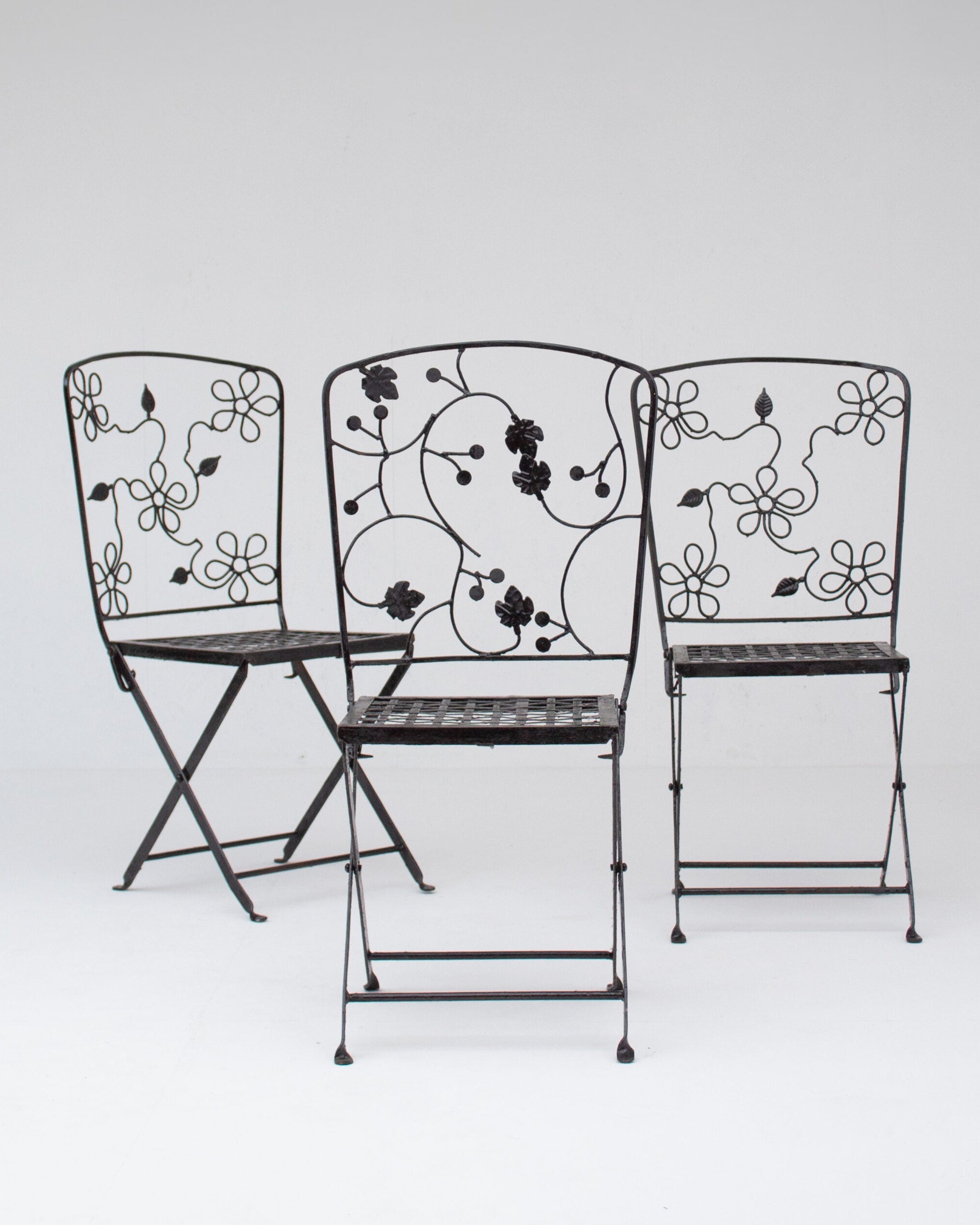 Set of Three Decorative Wrought Iron Garden Chairs with Floral Backrests by Malata Antwerp | The Oblist