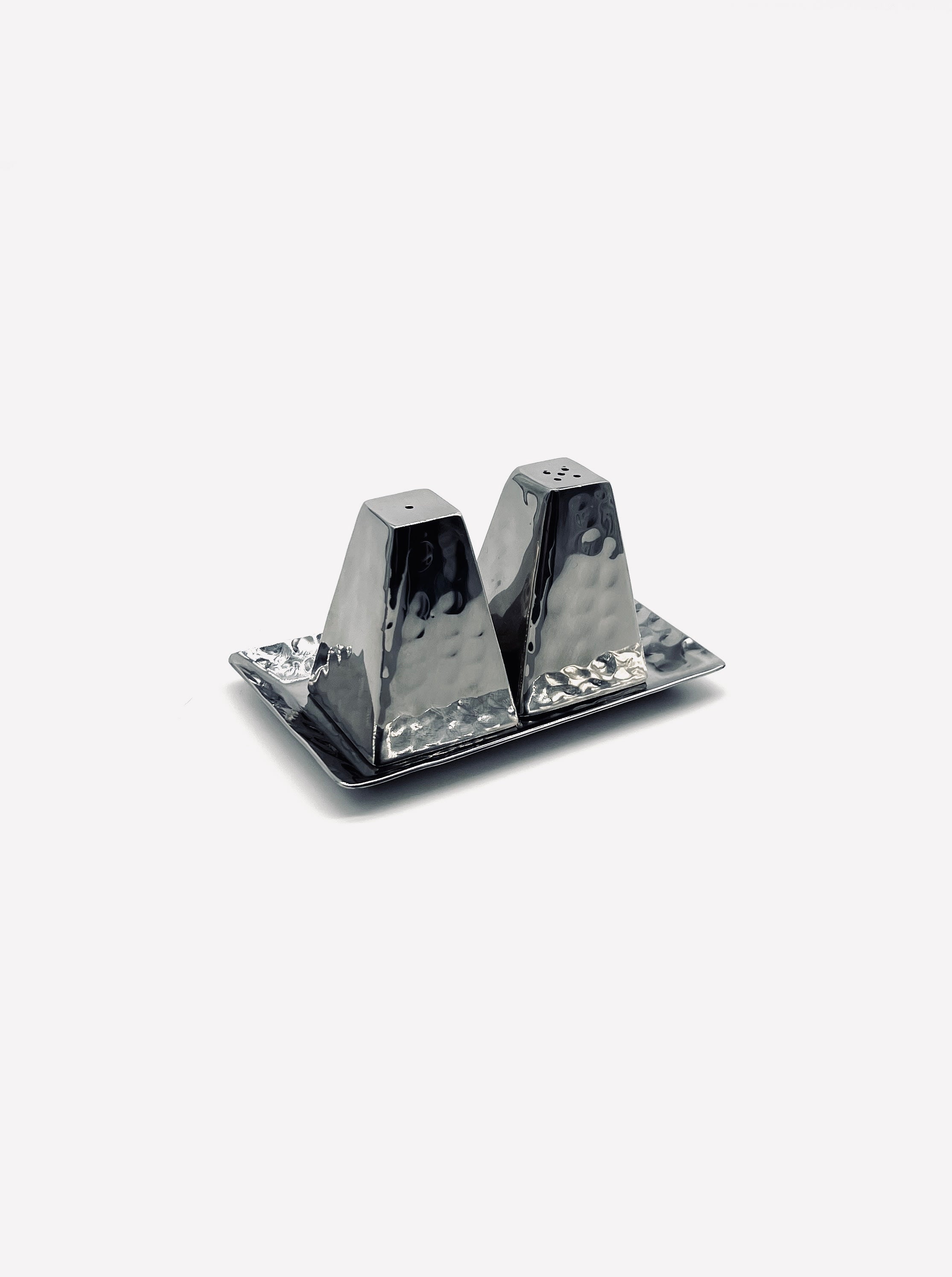 Vintage stainless steel pyramid salt and pepper shakers on tray