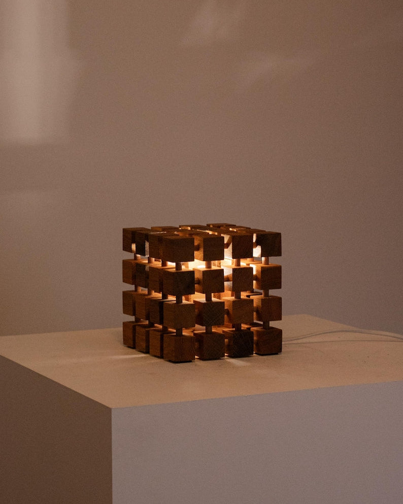 Vintage Sculptural Wooden Cube Table Lamp — side angle