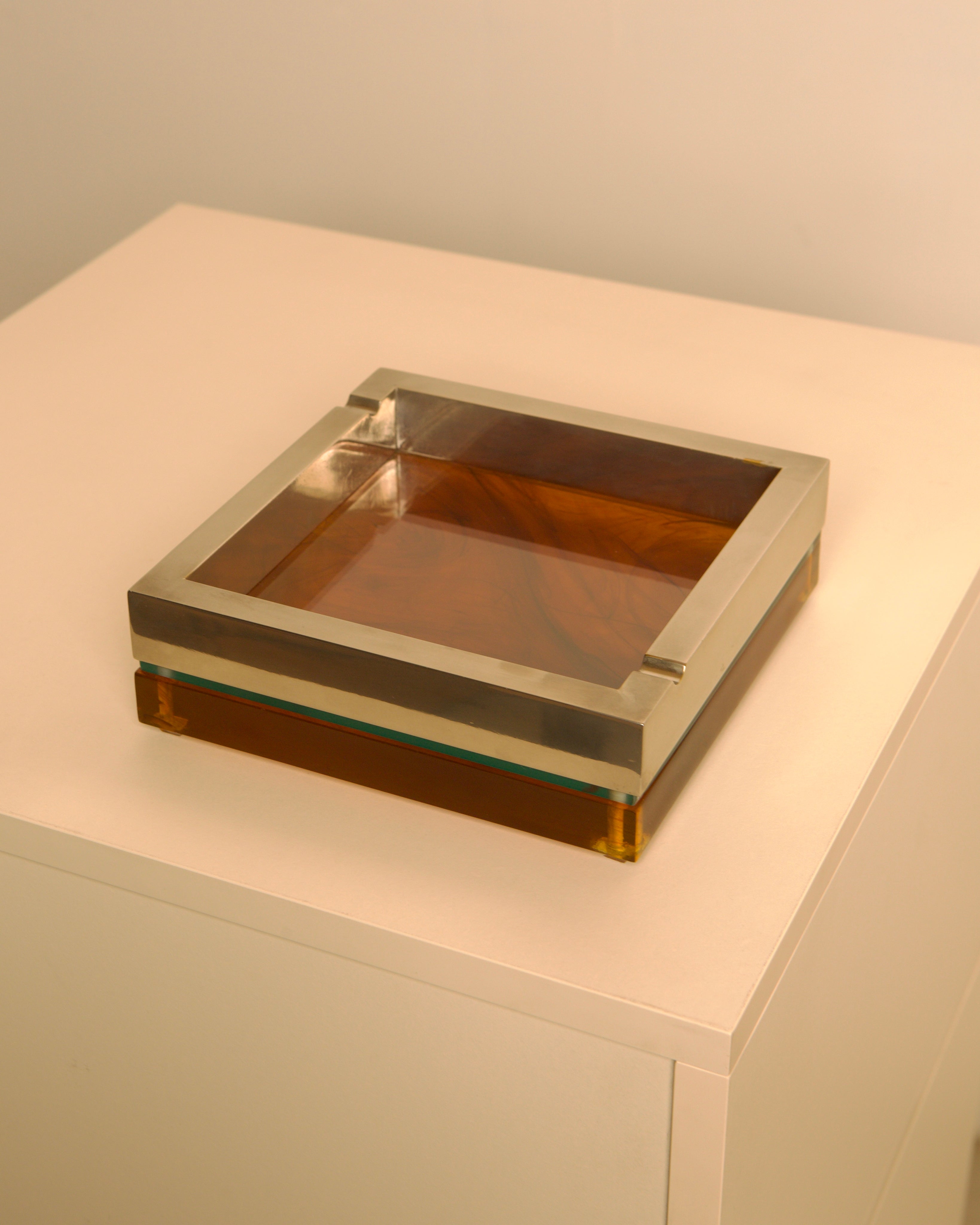 Large 70s Italian square ashtray in metal, glass and light smoked Plexiglas by Treaptyque | The Oblist