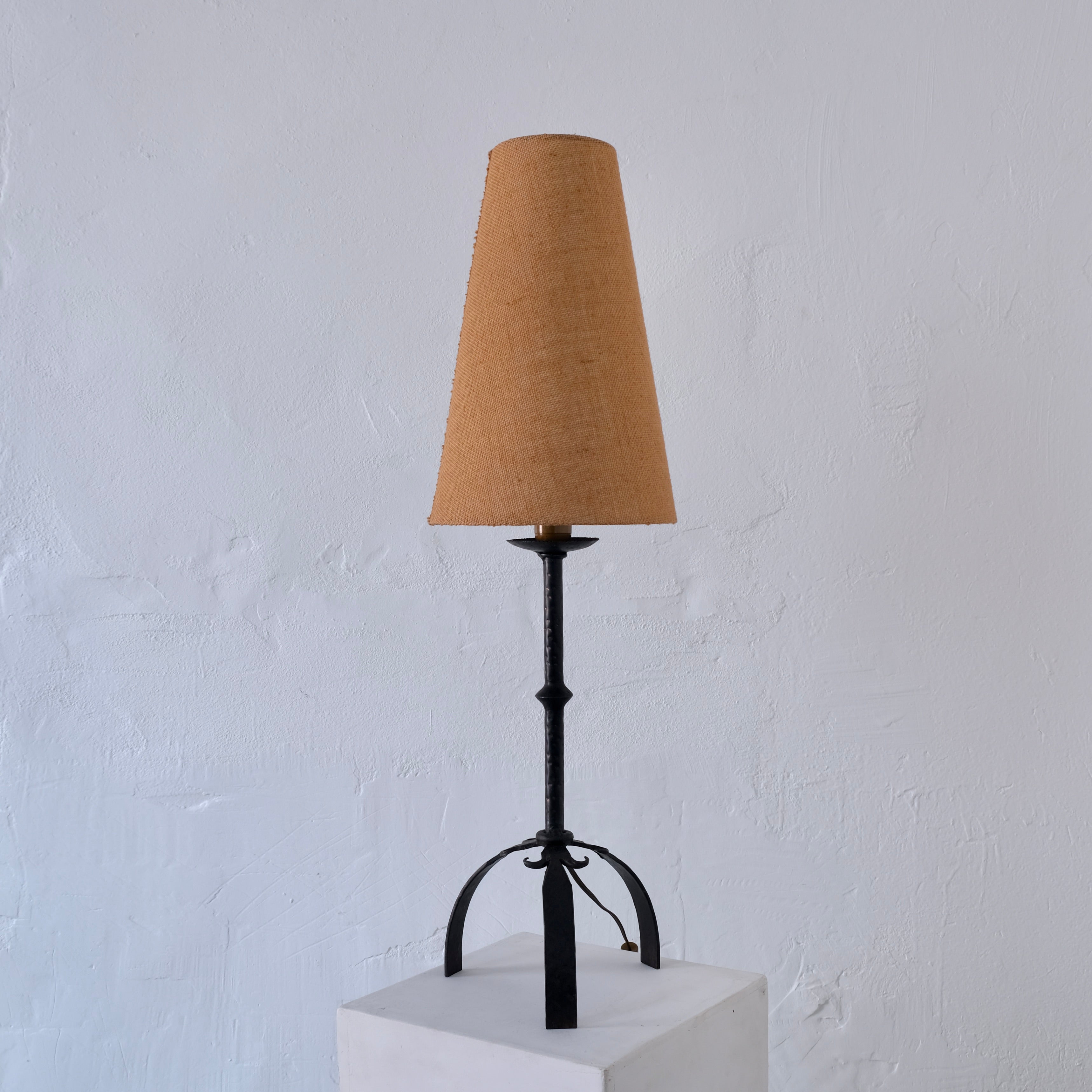 Brutalist Wrought Iron Table Lamp | 1970s by Veter Vintage | The Oblist — handcrafted iron, beige shade