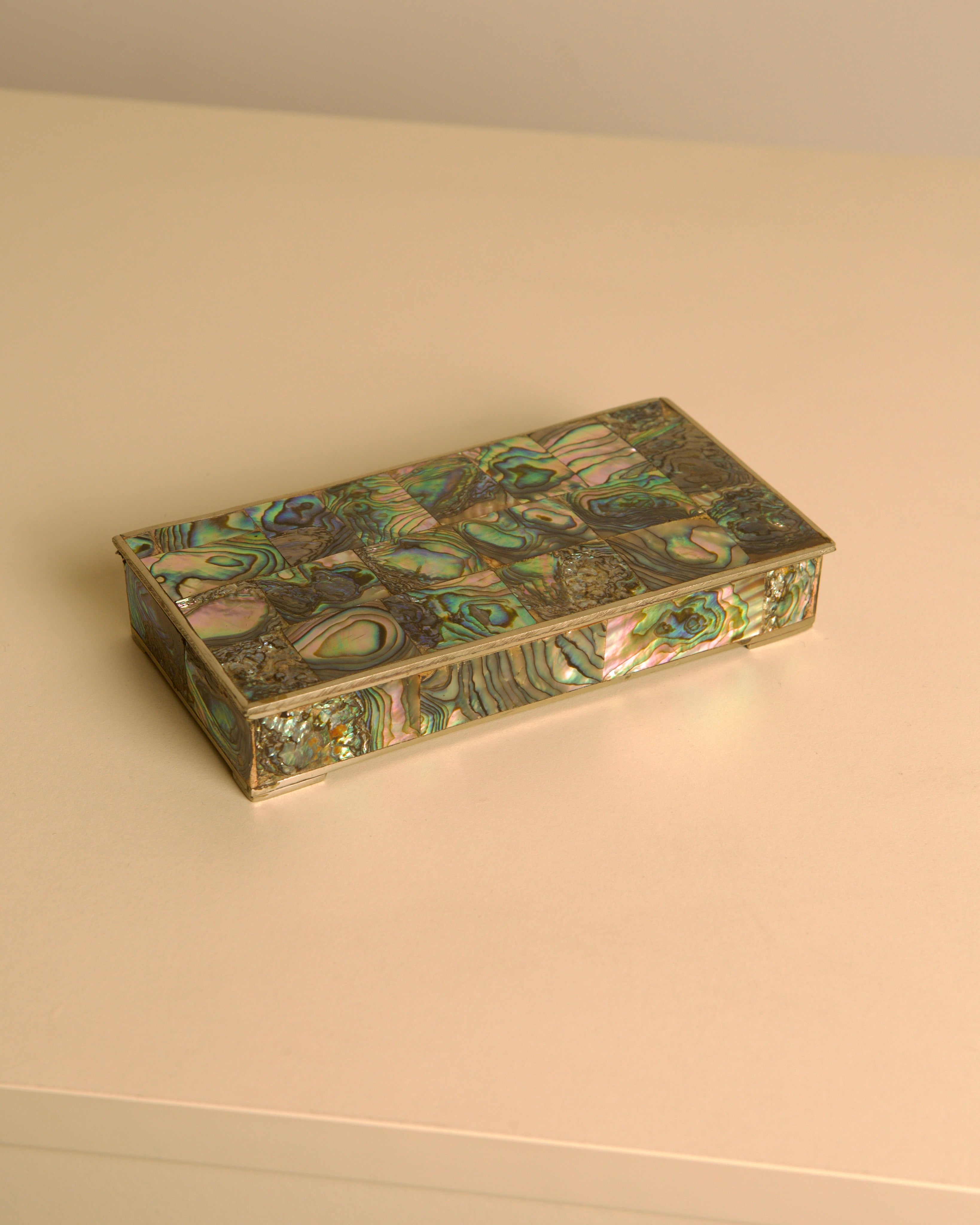 Italian Rectangular Silver and Mother-of-pearl Inlaid Box 40s by Treaptyque | The Oblist — artisan mother-of-pearl inlay