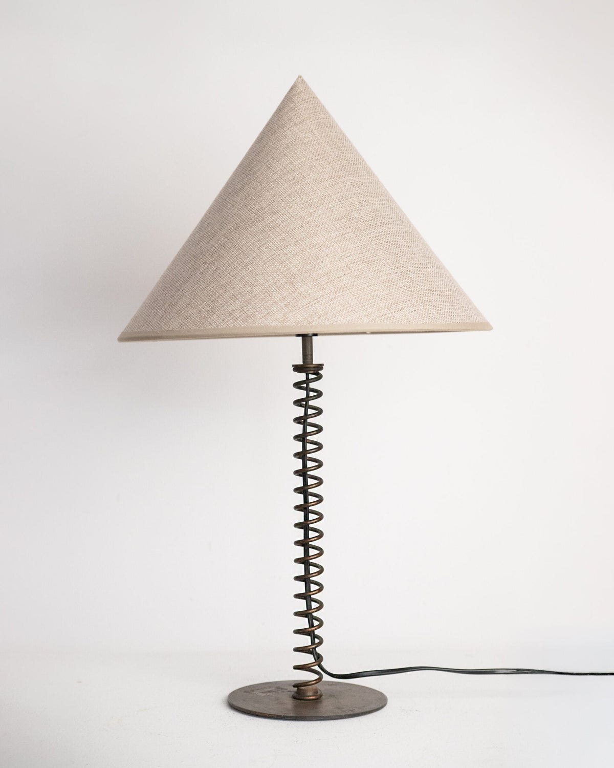 Coil Spring Table Lamp in Patinated Iron with Linen Shade, European, Second Half of the 20th Century by Studio Ecubed