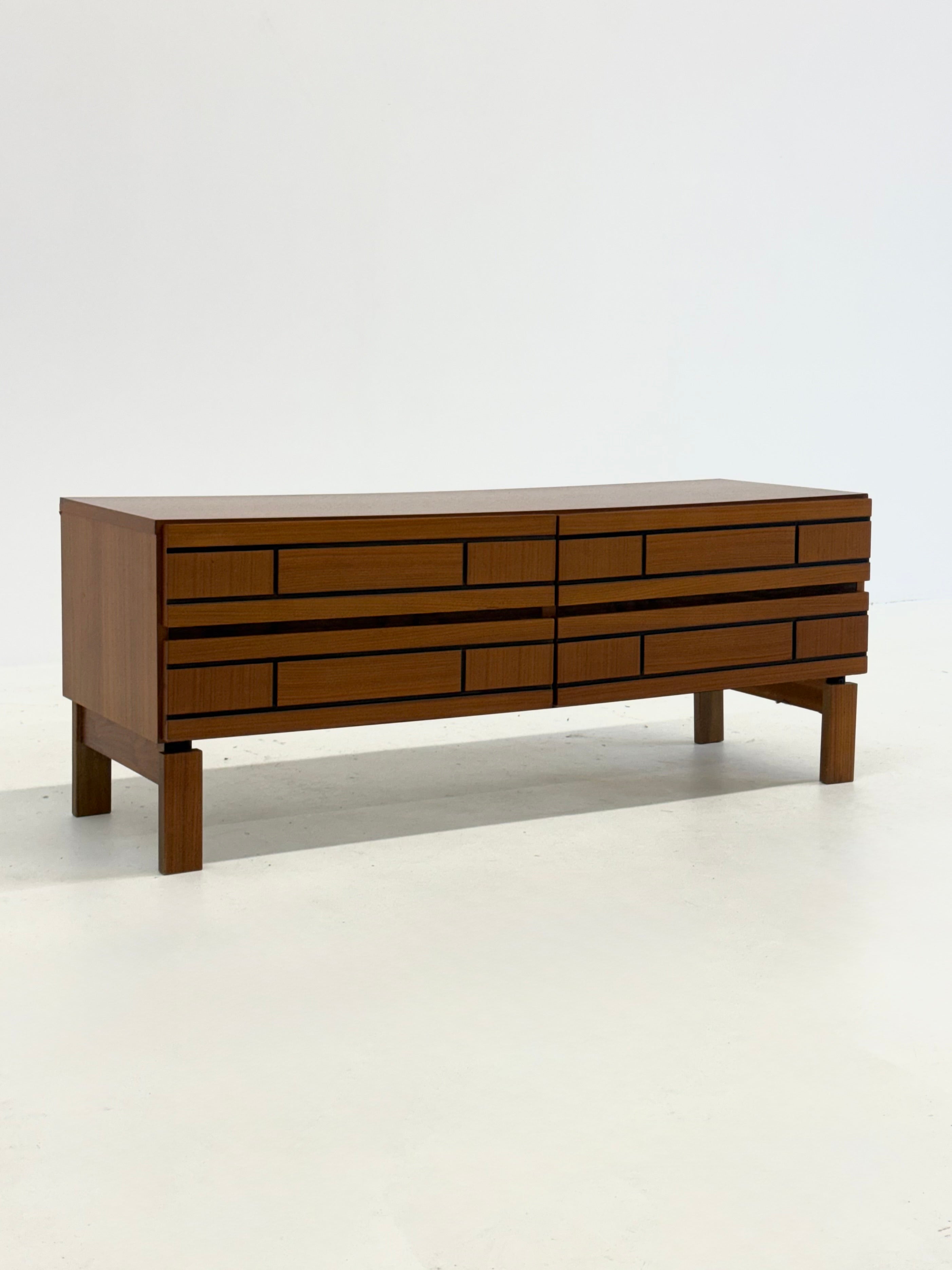 Low Italian wooden sideboard with graphic black lines by Wintage | The Oblist