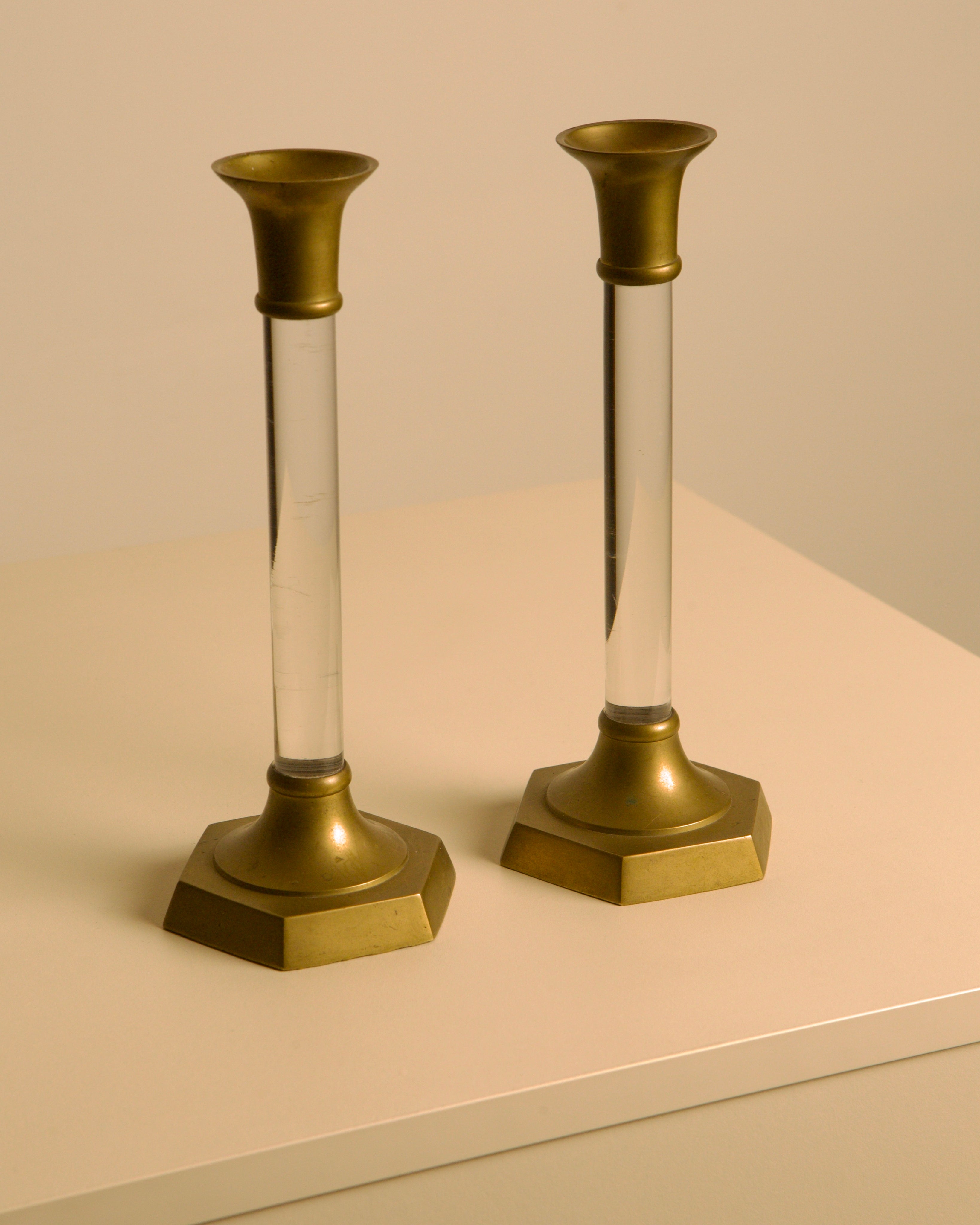 Pair of Italian Brass and Lucite Candlesticks, 1960s by Treaptyque | The Oblist — vintage brass and clear lucite