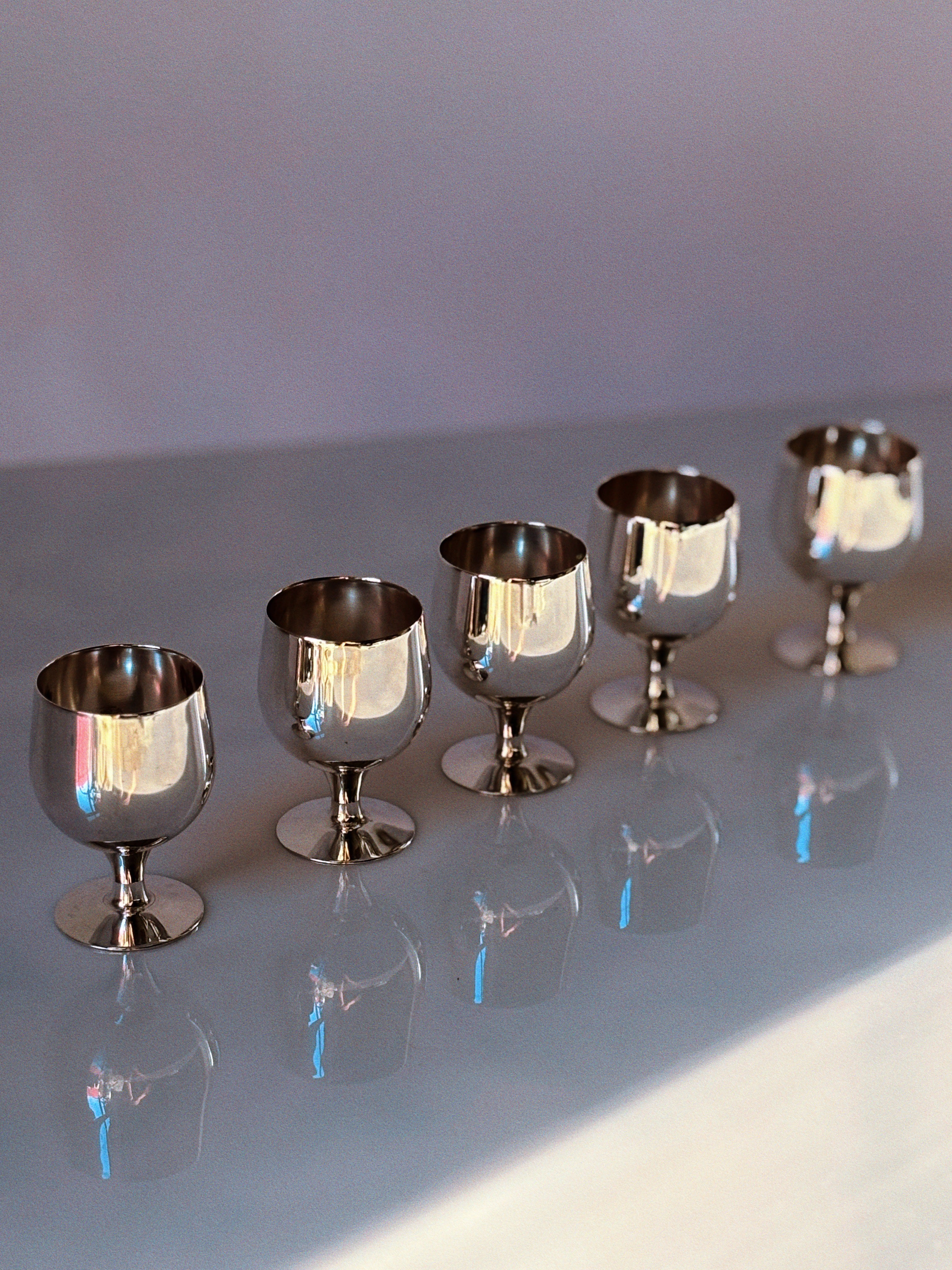 Set of 5 Silver Plated Liquor Cups by Huerto | The Oblist — polished silver finish