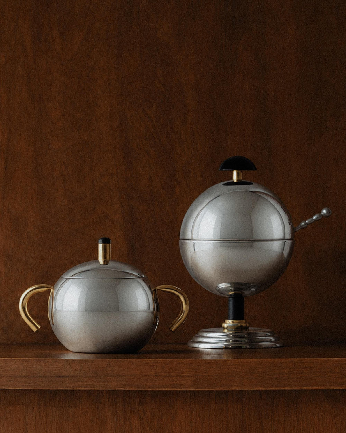 Vintage 1980s Sugar or Jam Bowl Set, Stainless Steel and Brass Serving Bowls, Elegant Postmodern Tableware, Breakfast Set, Gift Idea by Bottega Jacobs